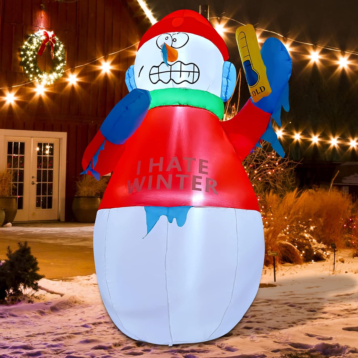 GOOSH 6 FT Snowman with Thermometer Christmas Inflatables Decoration, Inflatable Xmas Snow Man Blow Up Christmas Yard Decorations Built-in LED Lights for Holiday Garden Outdoor Décor