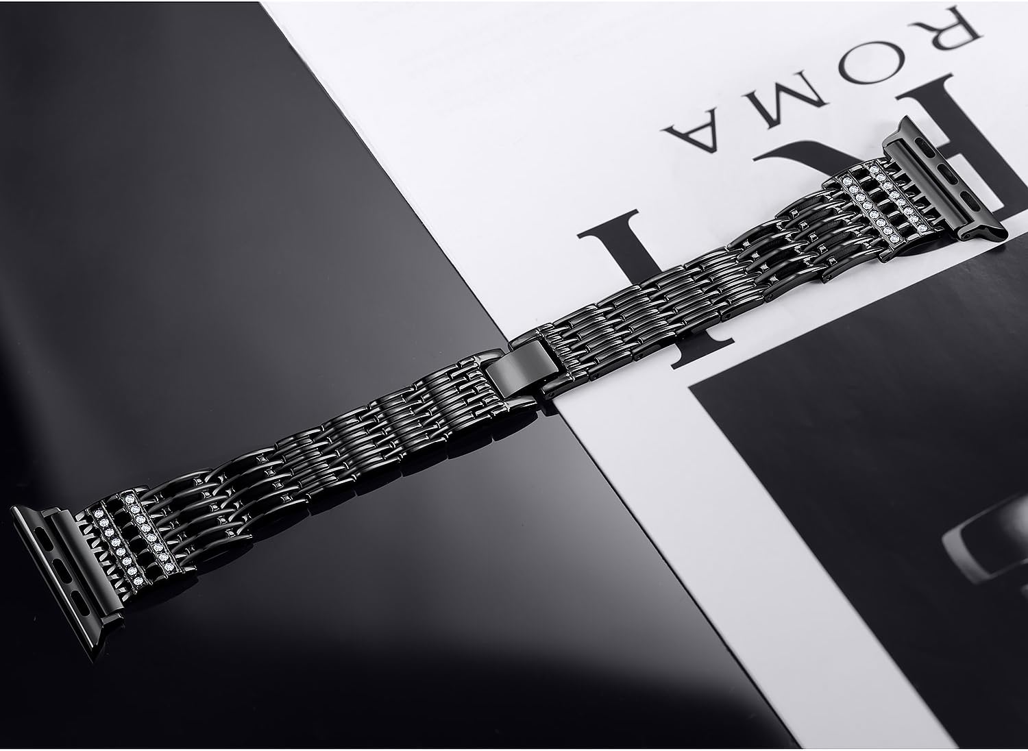 Secbolt Bling Bands Compatible with Apple Watch 38mm 40mm Iwatch Series 6/5/4/3/2/1/SE Stainless Steel Hollowed-out Replacement Wristband, Black