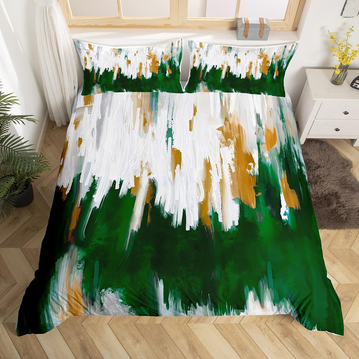 Homewish Dark Green Duvet Cover Single Watercolor Graffiti Bedding Sets, Striped Oil Painting Comforter Cover Aesthetic Modern Bed Set, Ombre Brush Marks Contemporary Bedding โ image 1