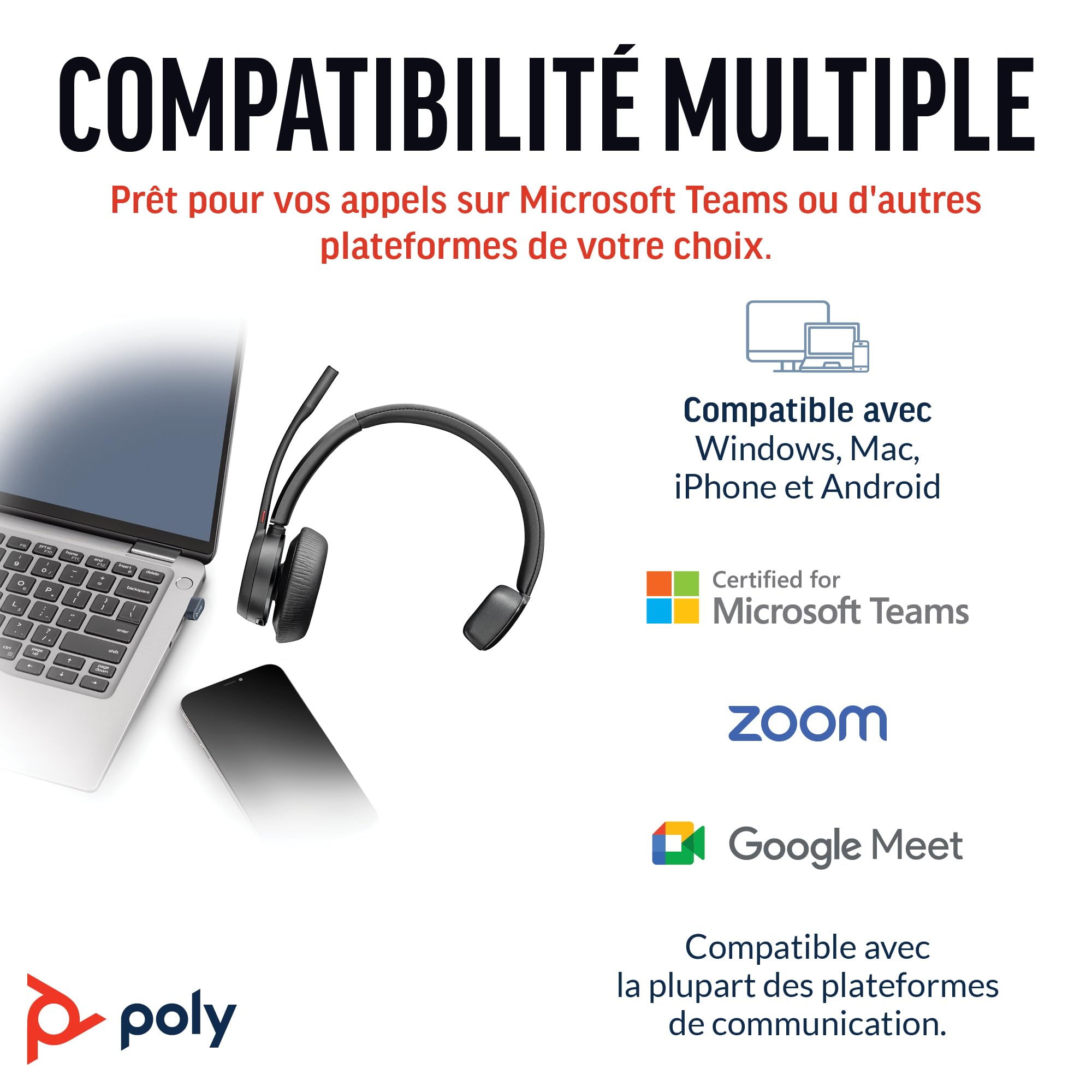 Micro-casque sans fil Poly Voyager 4310 UC - Micro-casque Bluetooth monaural avec perche de microphone antibruit - Connexion à un PC/Mac/Téléphone portable via Bluetooth - Fonctionne avec Teams, Zoom
