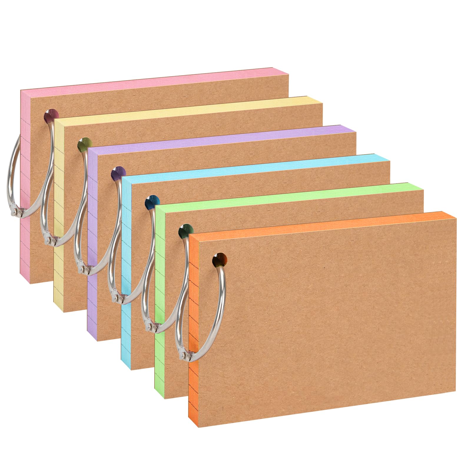 OWLKELA 300Pcs Flash Cards, Index Cards 5 * 3 Inches, 6 Colors, Ruled Revision Cards with Kraft Paper and 6 Binder Rings, Study Cards for Office, School, and Home