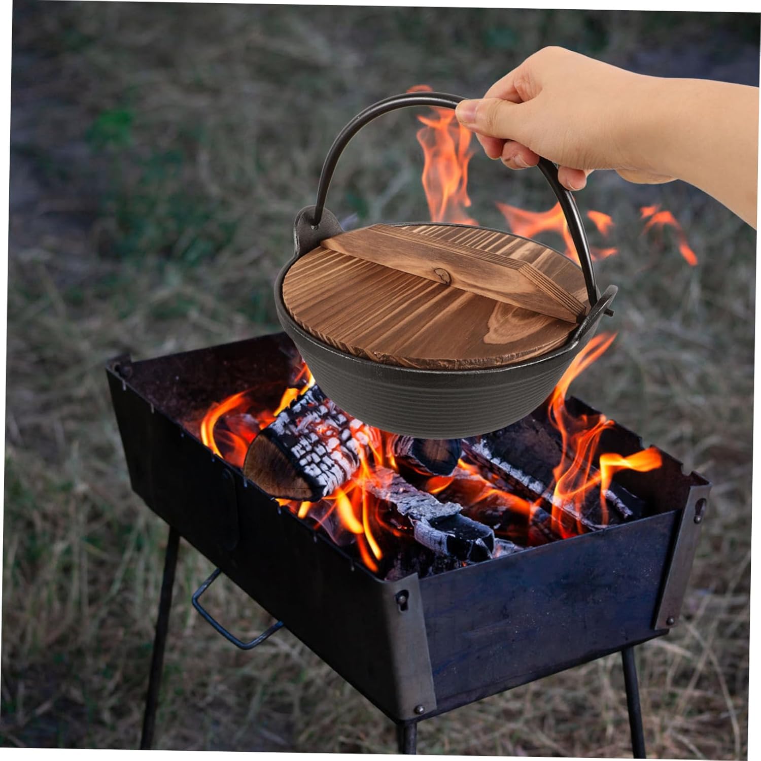 1set Cast Iron Camping Cookware Japanese Design Cooking Pot with Lid for Outdoor Cooking Hanging Pot for Campfire and Backpacking Adventures