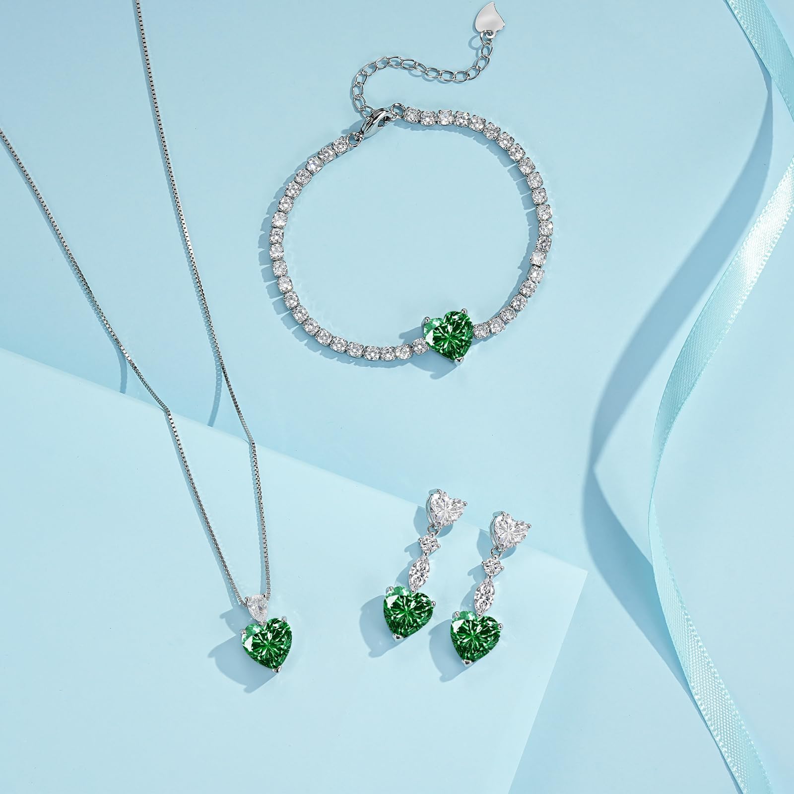 Juego de joyas de plata para mujer, collar de plata de ley 925, pendientes y pulsera, 3 colgantes con cadena de 45 cm, pendientes colgantes y pulsera, juego de joyas de corazón con circonitas