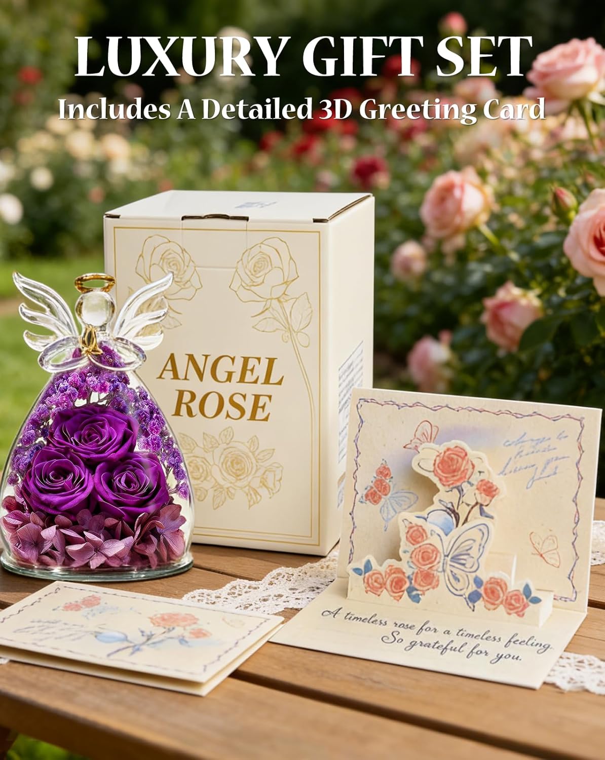 Valentines Roses Gifts for Women Birthday, Preserved Flowers Rose in Glass Angel Figurines, Forever Fresh Flowers for Delivery Gift Box for Wife Mom Her Grandma from Daughter - Image 2
