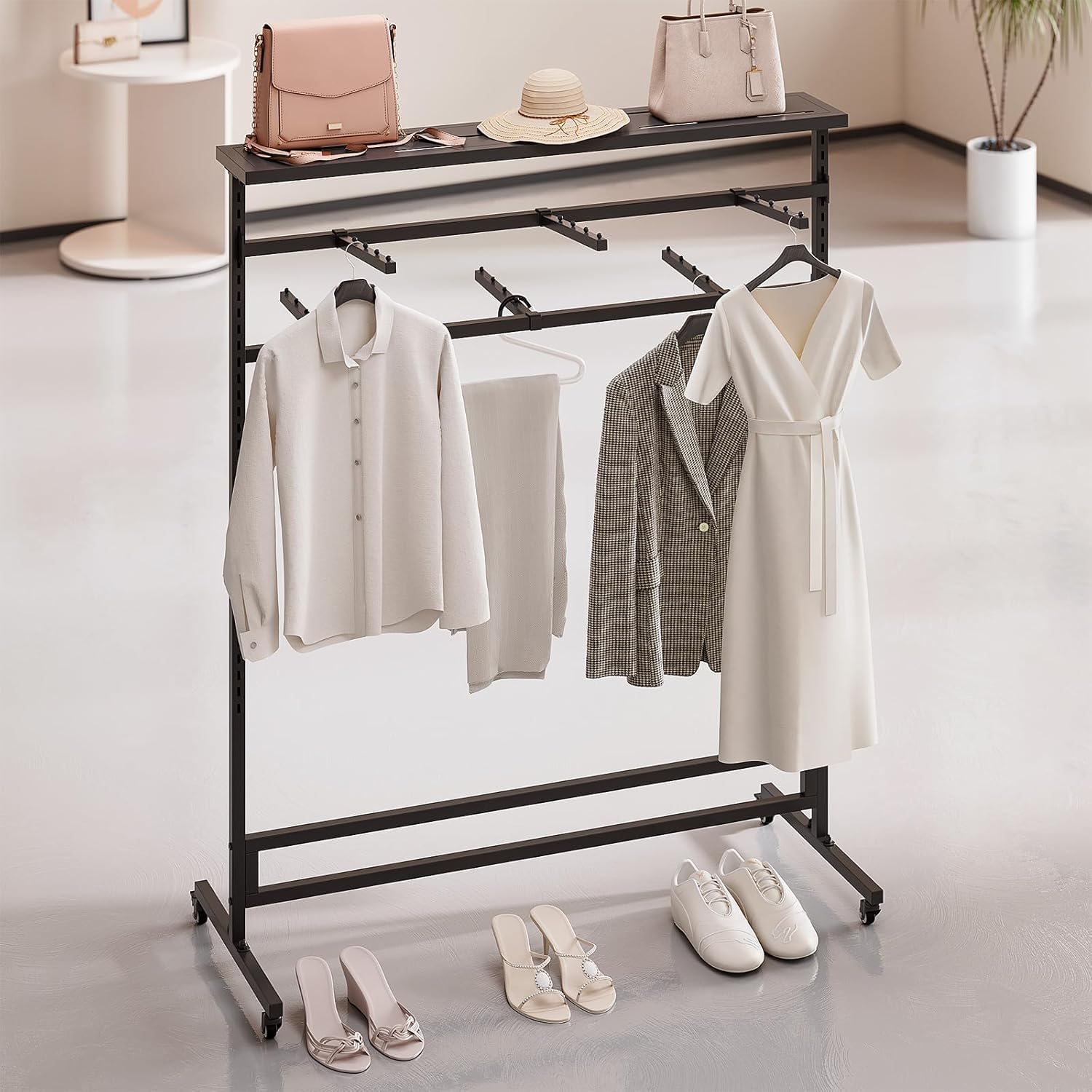 Clothing Rack with Adjustable Arms – 6-Armed Black Garment Display Stand with 4 Hooks per Arm, Freestanding Retail Rack with Wheels, Ideal for Boutique, Store, and Home Use