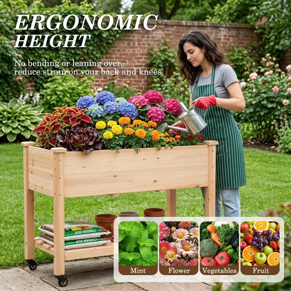 Raised Garden Bed with Lockable Wheels, 48x24x32 inch Elevated Wood Planter with Storage Shelf Protective Liner for Vegetable Flower Herb Outdoor Balcony Patio Backyard, Natural