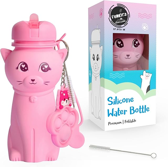 FunKitZ by AToZ UK Kids Water Bottle for Girls - BPA FREE, Roll-up, Soft Silicone, Drop Resistant - Pink Cat Shaped Water Bottle - Back to School Gifts for Girls - 500ml