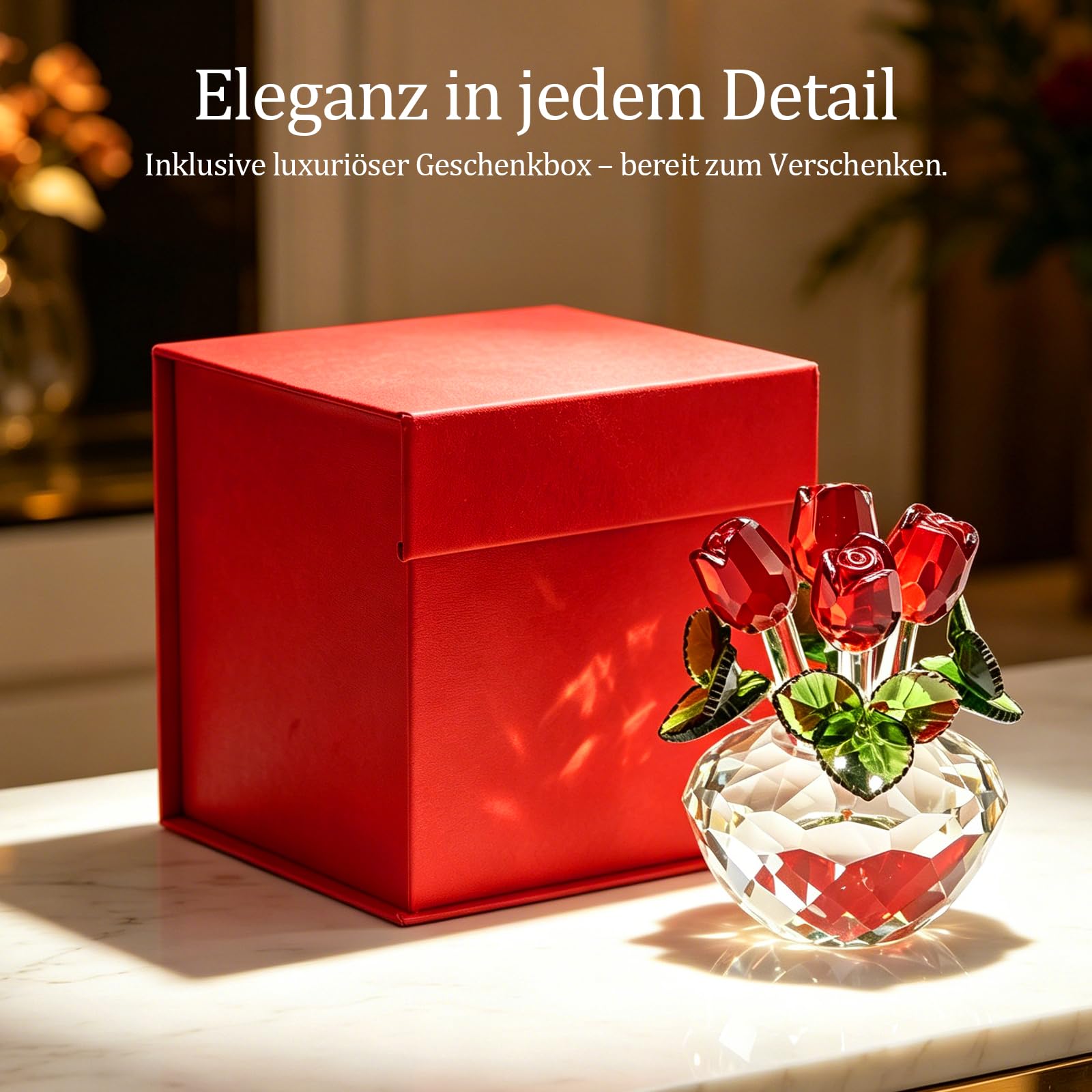 Elegante Rose Kristallrose Figur, Handgefertigte Glasrose Blumenskulptur mit Geschenkbox, Rosen Geschenke für Mama Frauen Valentinstag Hochzeit Home Tischdekoration