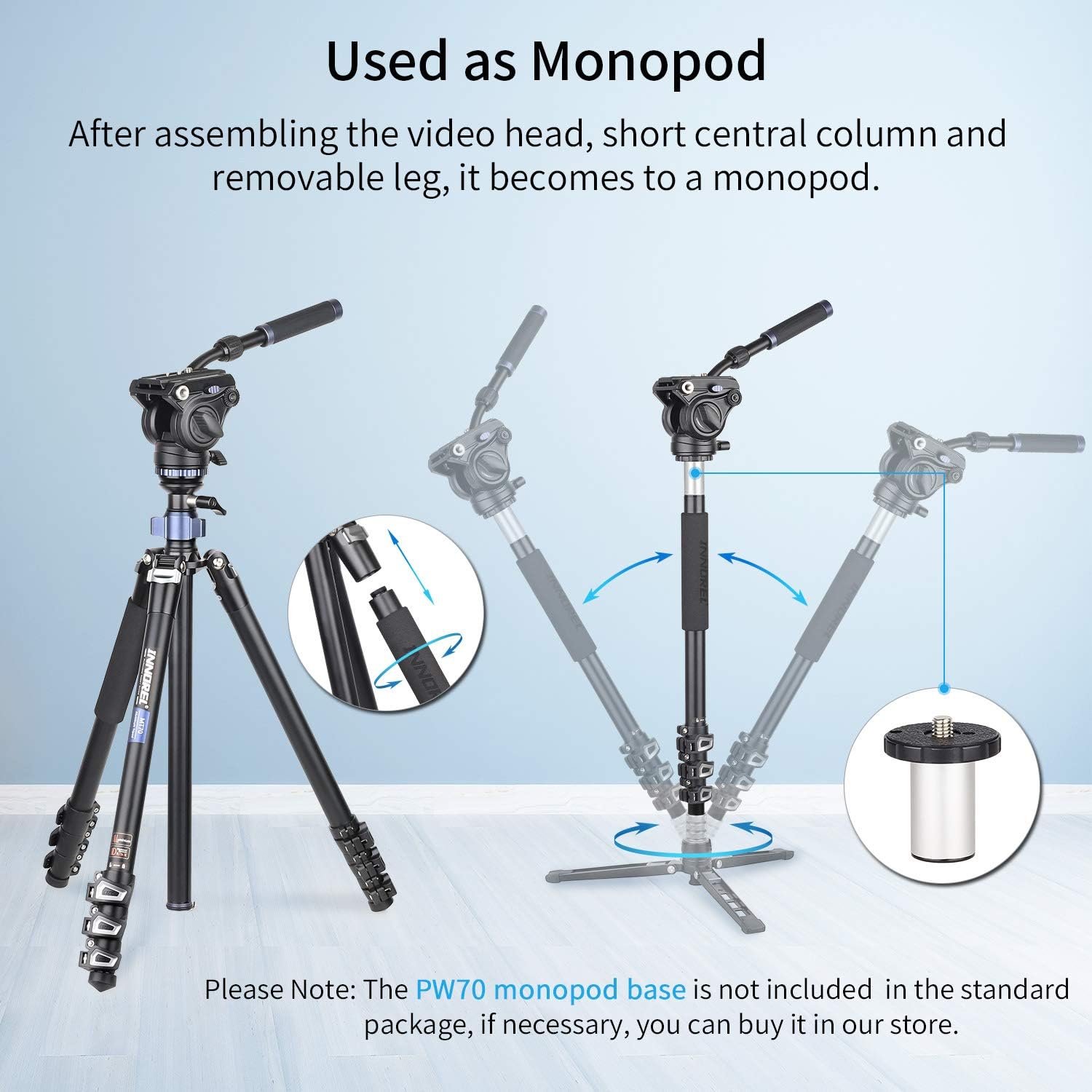 Uр Tо 40% оƒƒ INNOREL MT70 Professional Video Camera Tripod 72 inches with Fluid Drag Head, 4-Section Compact Aluminimum Tripod Convertible to Monopod for DSLR Camera, Video Camcorder