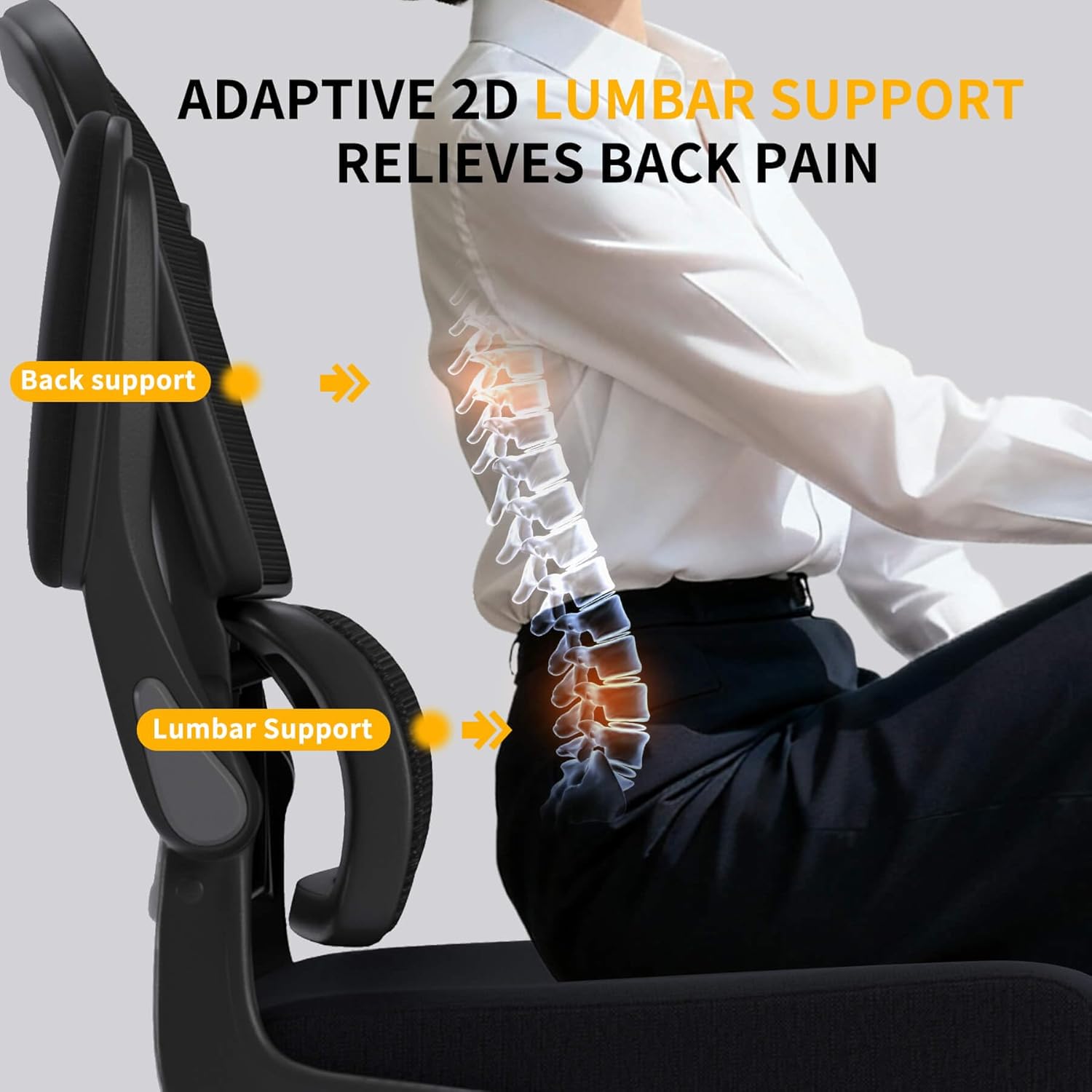 Logicfox Ergonomic Office Chair with Adaptive 2D Lumbar Support & Flip-Up Arms, Breathable Mesh Desk Chair for Back Pain Relief, Home Office Computer Chair with 400LBS Capacity