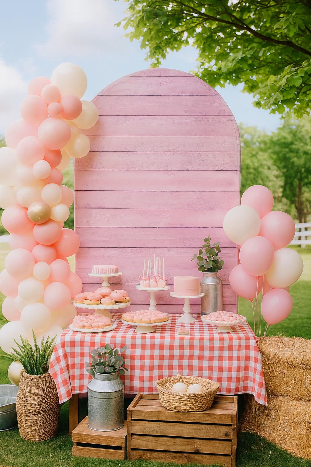 HUAYI Pink Wood Arch Backdrop Cover Girl Pink Farm Parties Chiara Backdrops Decorations Arched Wall Covers Stands Display Props Farm Party Banner