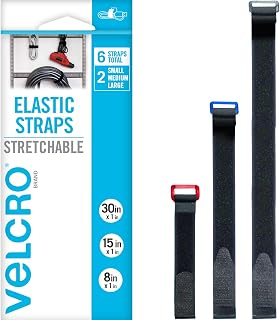 VELCRO Brand VEL-30794-AMS Elastic Cinch Straps with Buckle | 6pc Variety Pack 8"-15"-30"| Stretchable to Snugly Fasten Power Cords, Lumber, Bicycles, Sleeping Bags, Outdoor Umbrellas, More | Black