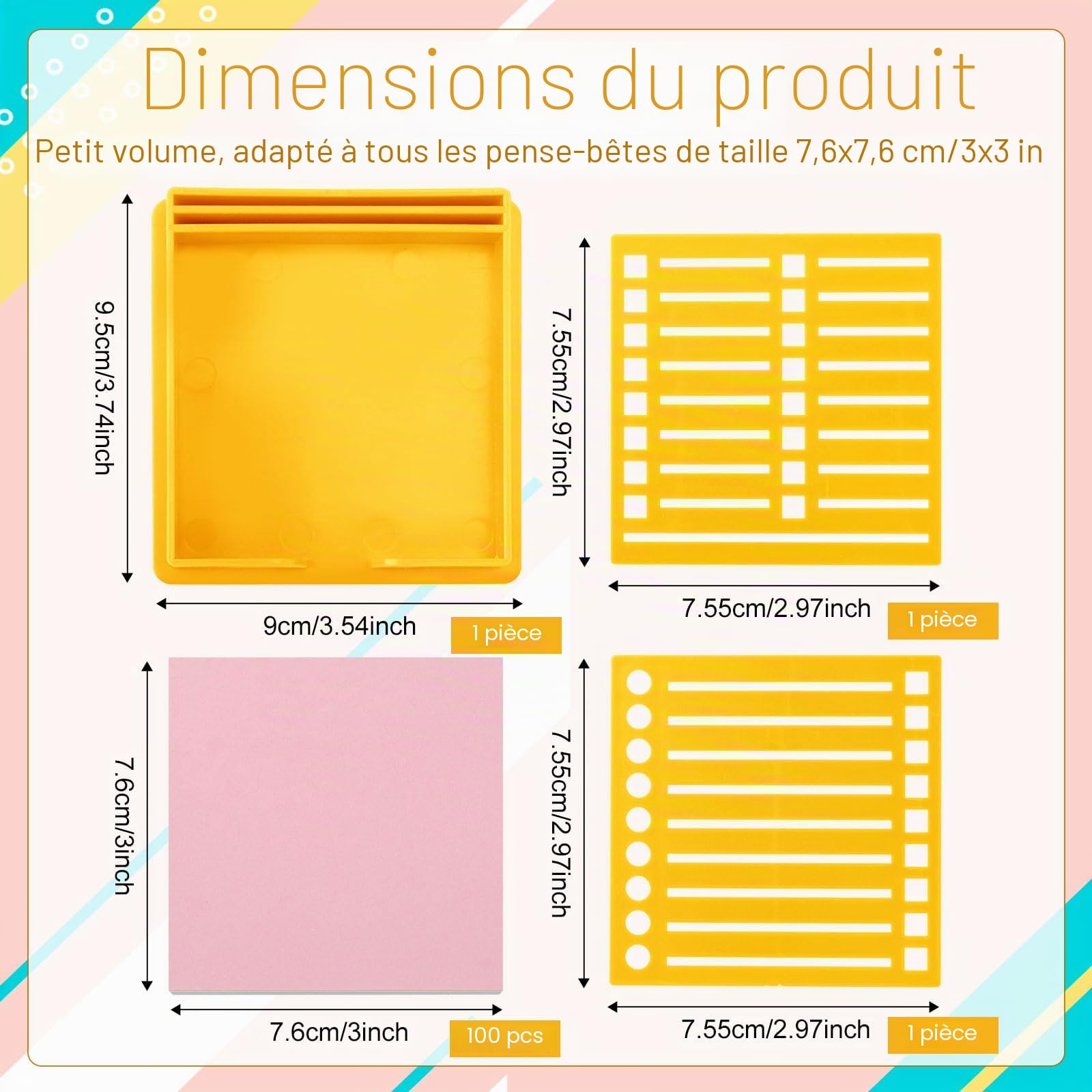 Pochoir pour notes adhésives avec notes adhésives de 7,6 x 7,6 cm - Support de notes avec support de gabarit - Distributeur d'étagères pour bureau, maison, fournitures scolaires (jaune)