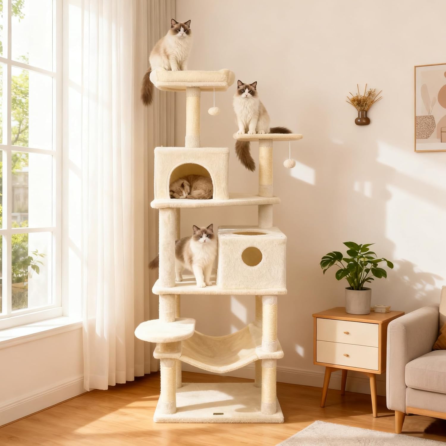 DORTALA 75" Tall Modern Cat Tree, Multi-Level Cat Tower with Large Condos, Sisal Scratching Posts, Top Perch, Hammock, Dangling Balls, Kitten Beds & Climbing Furniture for Indoor Cats (Beige)