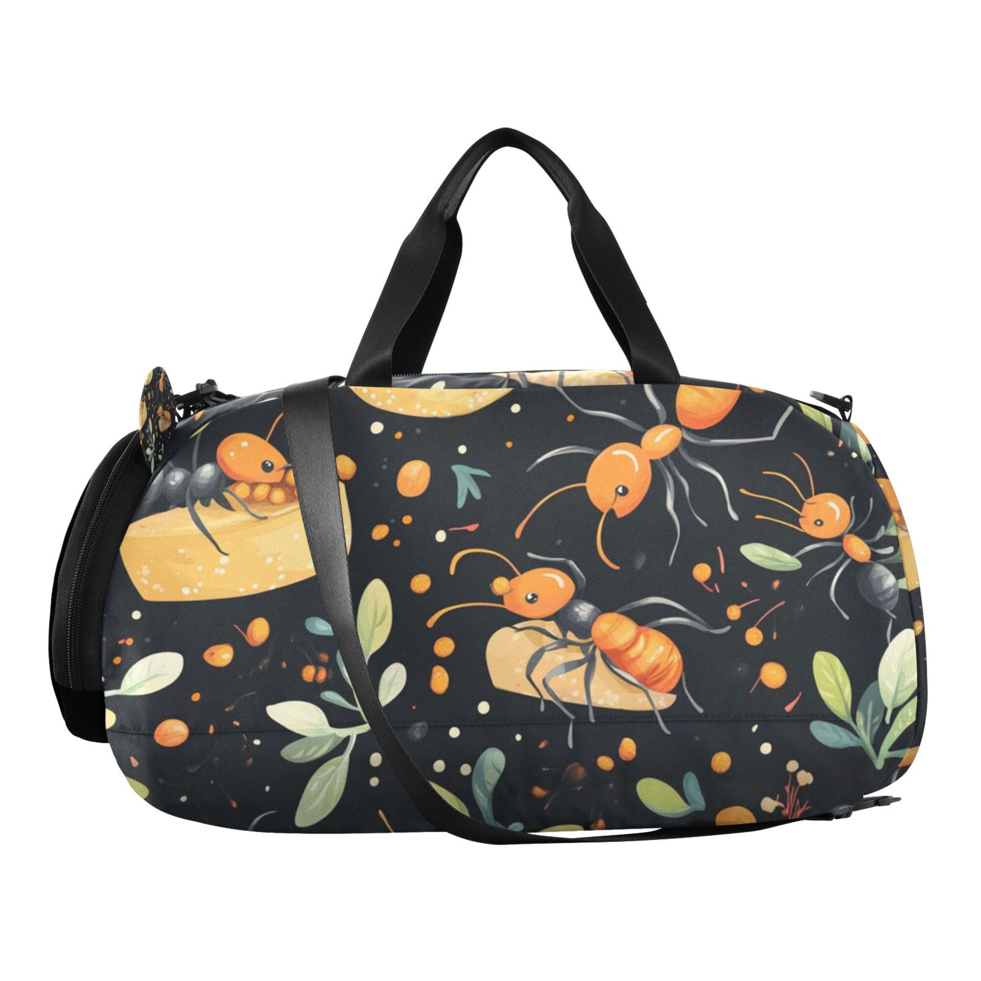 Glaphy Cartoon Ants Black Duffle Bag for Toddler Boys Girls, Gym Sports Bag with Shoe Compartments, Kids Travel Overnight Weekender Shoulder Bag