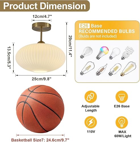 Miniatura 2 de Lámpara de Techo Semiempotrada de Latón Moderna de Mediados de Siglo Pequeña Lámpara de Techo Empotrada de Vidrio Esmerilado Acanalado Luz Empotrada