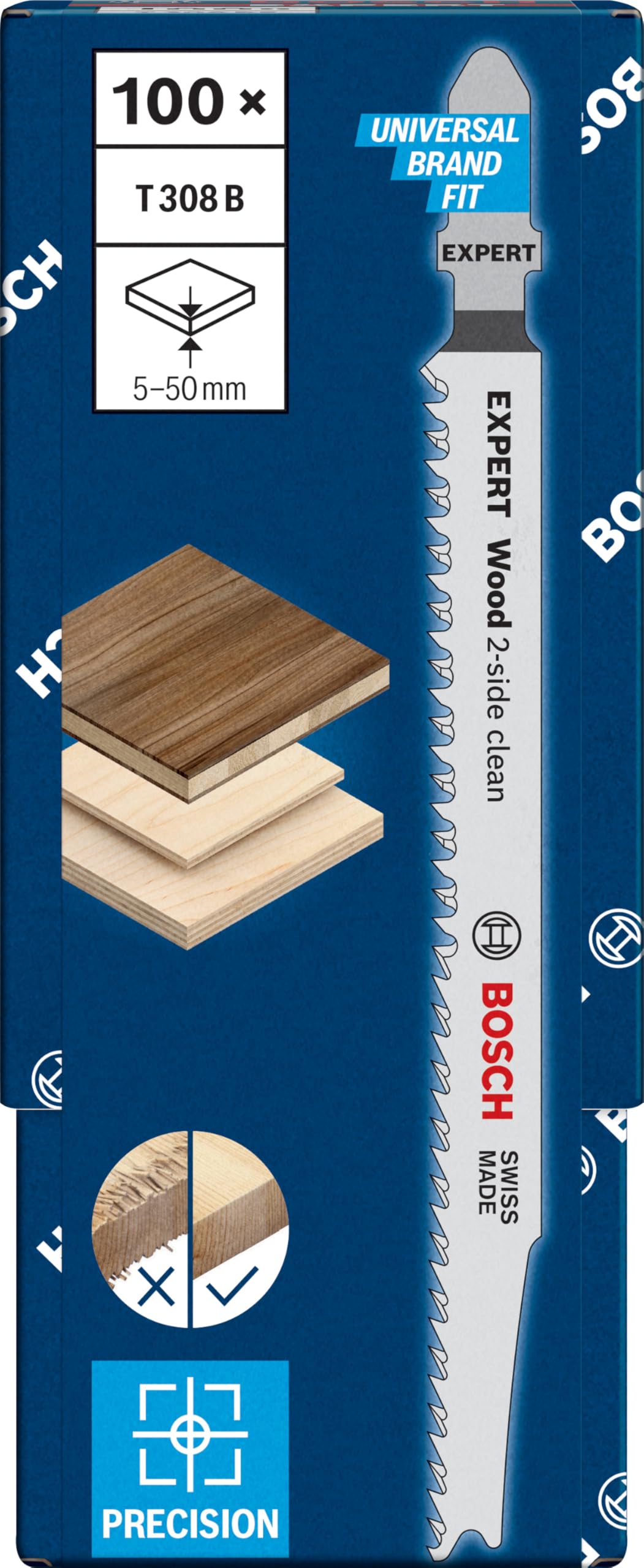 Bosch Professional 100x Lames de scie sauteuse Expert 'Wood 2-Side Clean' T 308 B (pour Contreplaqué, Panneau d'ameublement en bois massif, Longueur 117 mm, Accessoire Scie sauteuse)