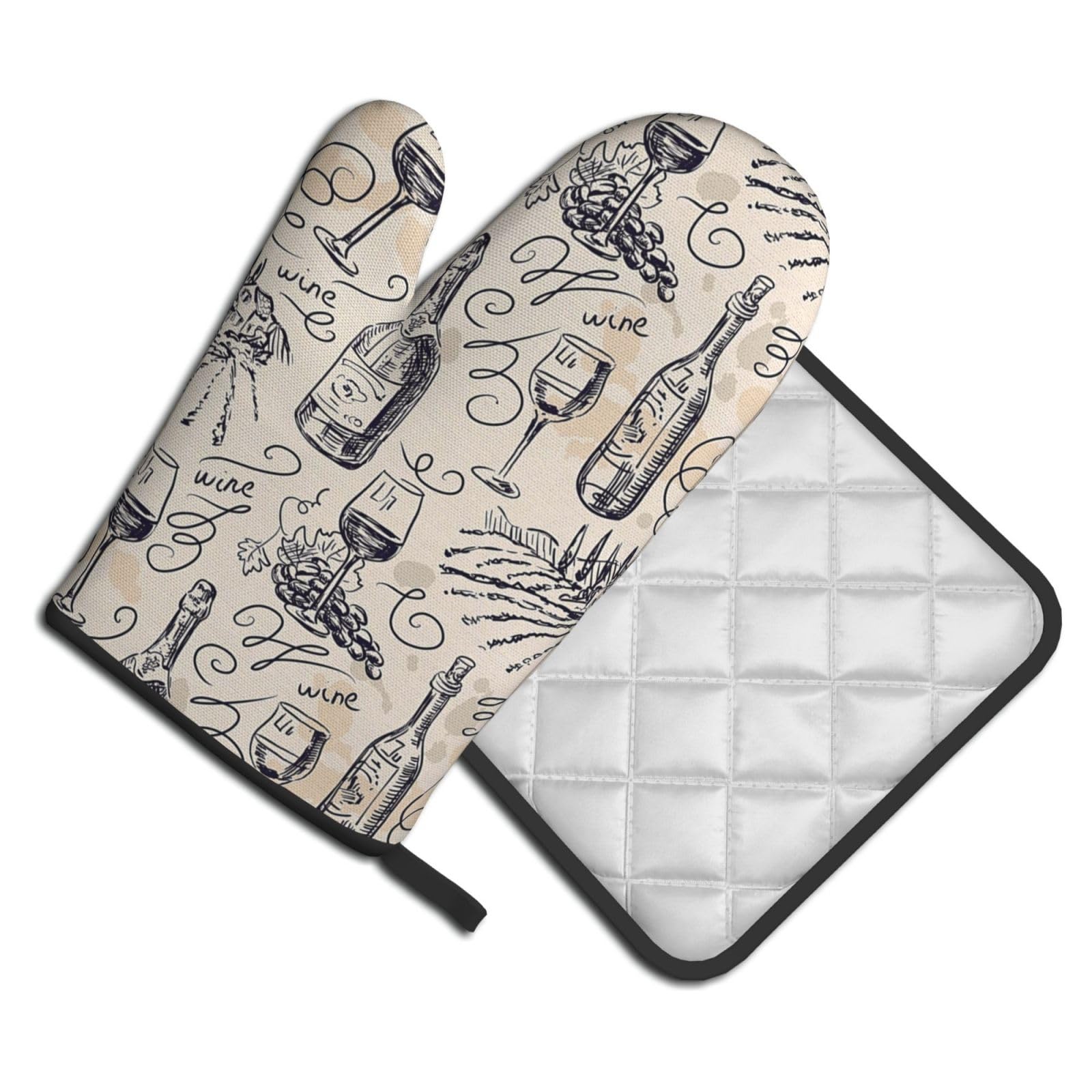 Oven Mitts and Pot Holders Set of 2 Pcs, Wine and Winemaking Winery Grape Field Printed Heat Resistant Kitchen Gloves Potholders for Cooking Baking Grilling
