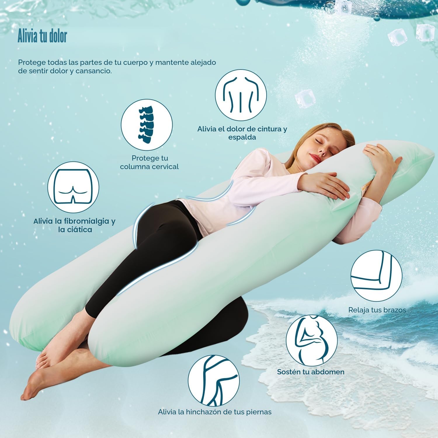 Chilling Home Cooling Almohada de Embarazo, Almohada para Dormir de Lado en Forma de U con Funda, Almohada de Lactancia Almohada de Posicionamiento Grande para Mujeres,Mint Green