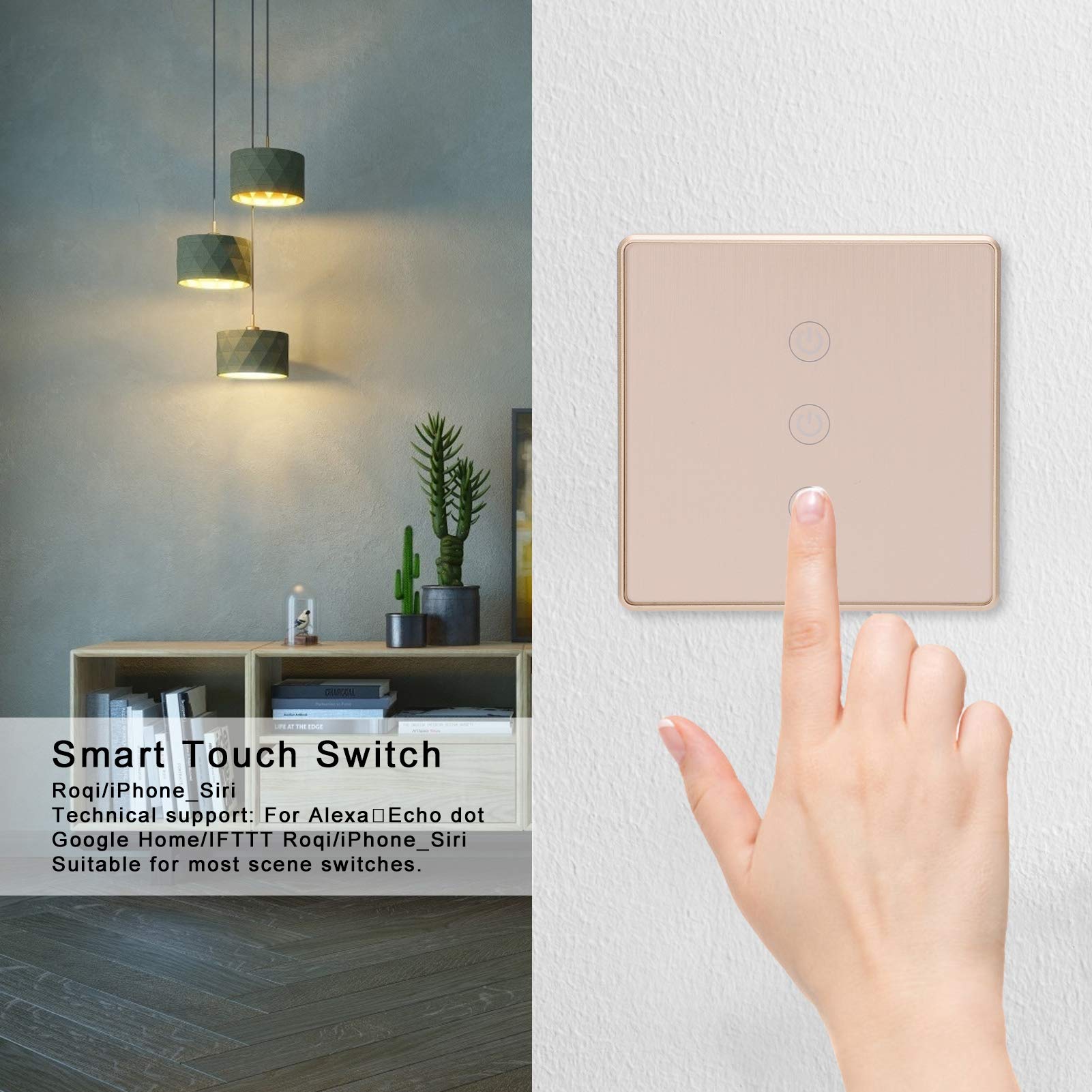 Interruttore della luce intelligente Wi-Fi, interruttore della luce tattile intelligente a parete, interruttore tattile intelligente Telecomando wireless dorato Standard del Regno Unito 800 W 95‑240 V