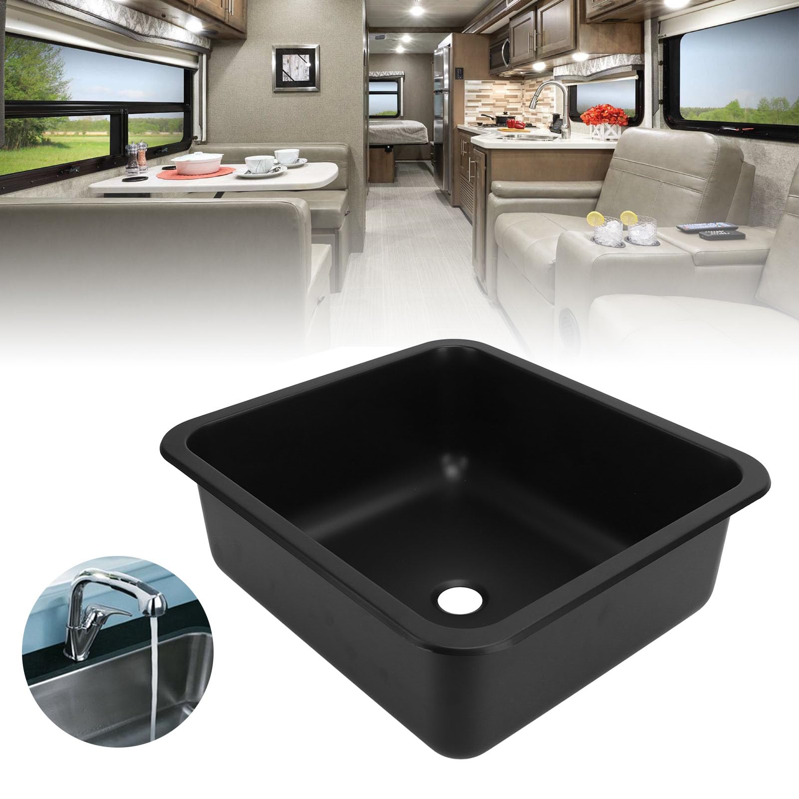 FLEXMAN Wohnmobil Spüle, 400 X 360 X 150 mm, Wohnmobil Küchenspüle mit Gummidichtung, Edelstahl Einzelbecken, Tiefes Rechteckiges Küchenwaschbecken für Wohnwagen, Wohnmobil, Boot (Schwarz)
