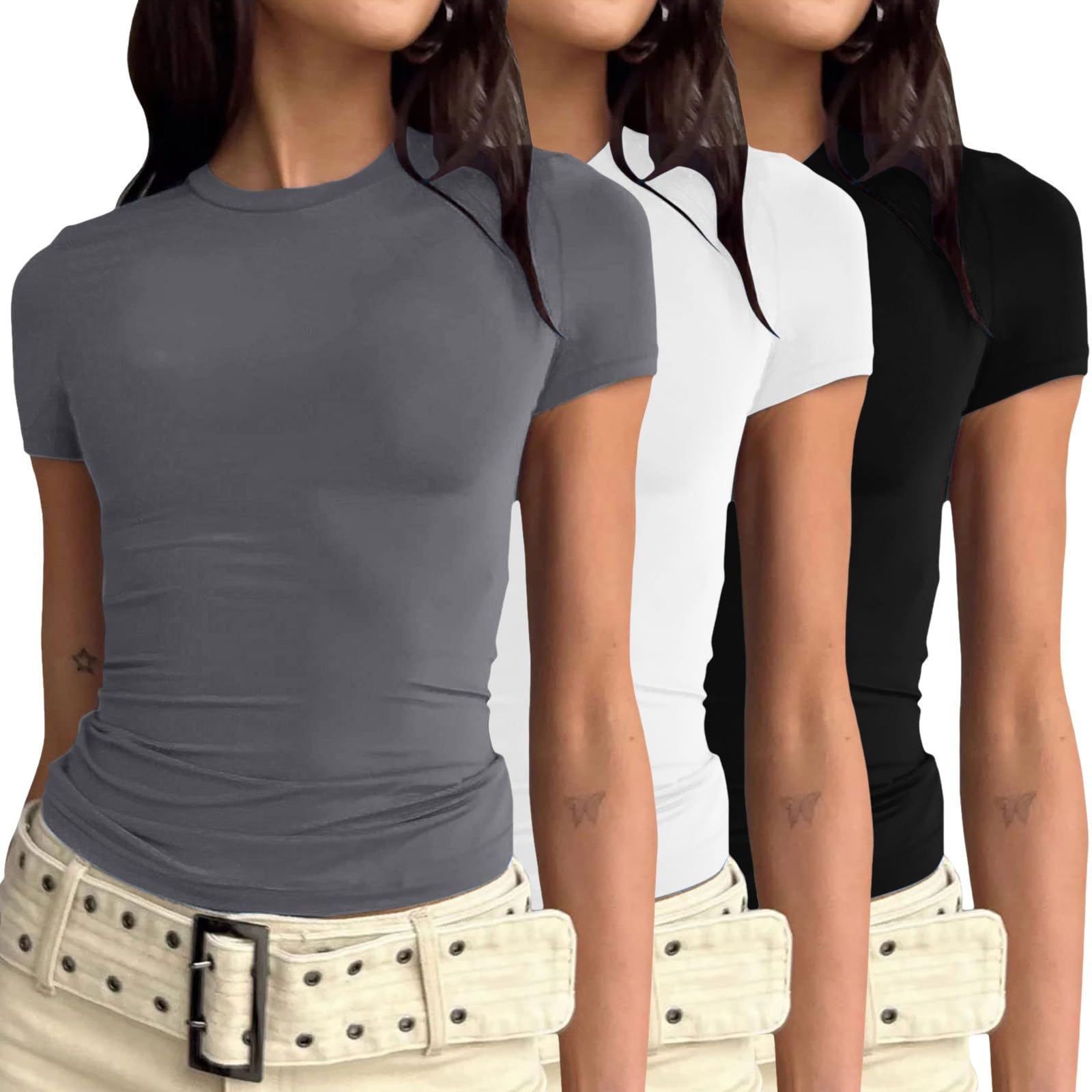3er Pack T-Shirt Damen Rundhals Tshirt Eng Damen Basic Y2k Top Einfarbig Shirt Kurzarm/Langarm Slim Fit Tshirts