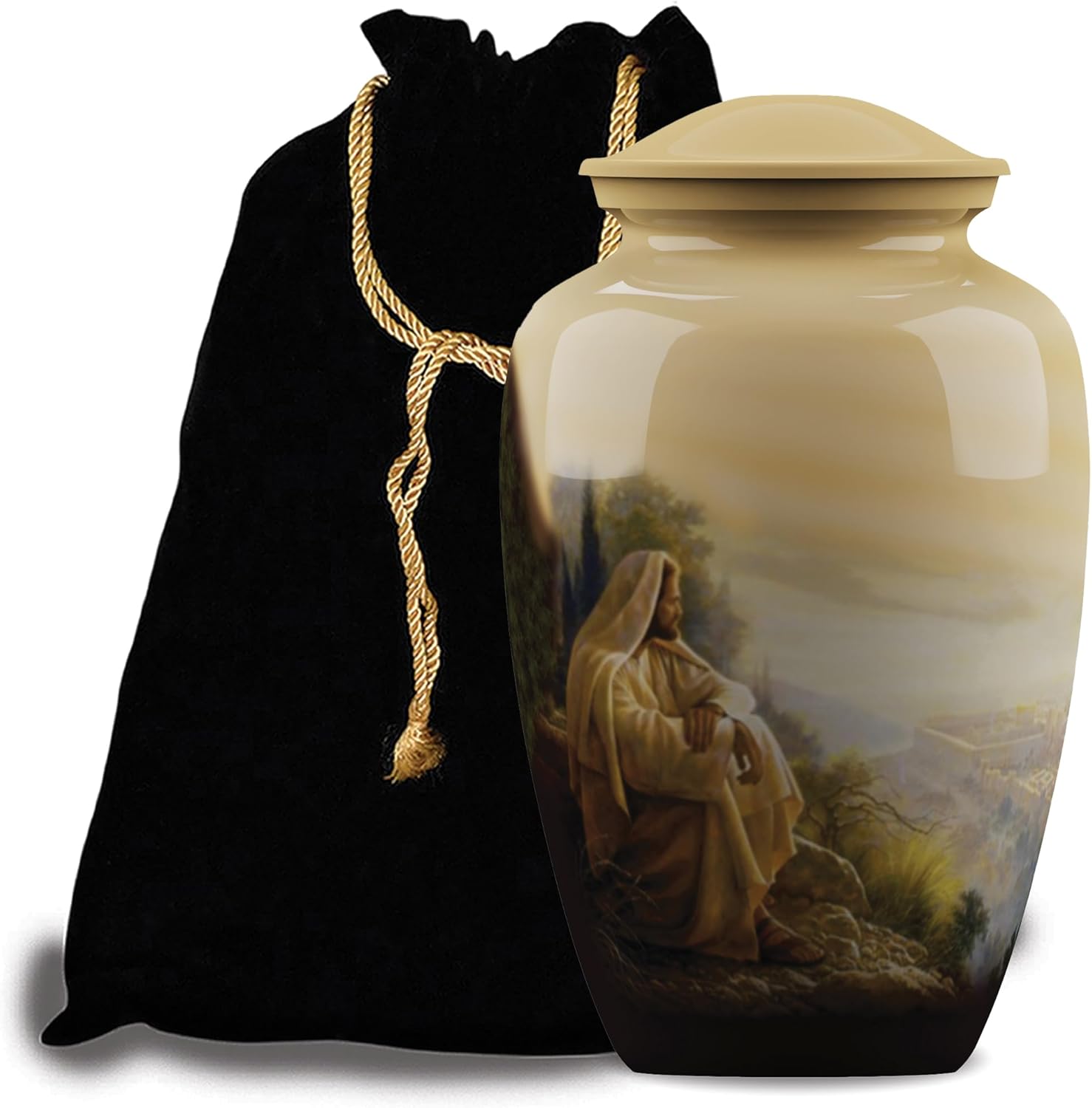 Forever URNS Adult Cremation Funeral Urn with Printed Sitting Jesus Theme for Human Ashes of Female & Male | 200 cu in | Large | Multicolor | Completely Handcrafted with Velvet Protection Bag