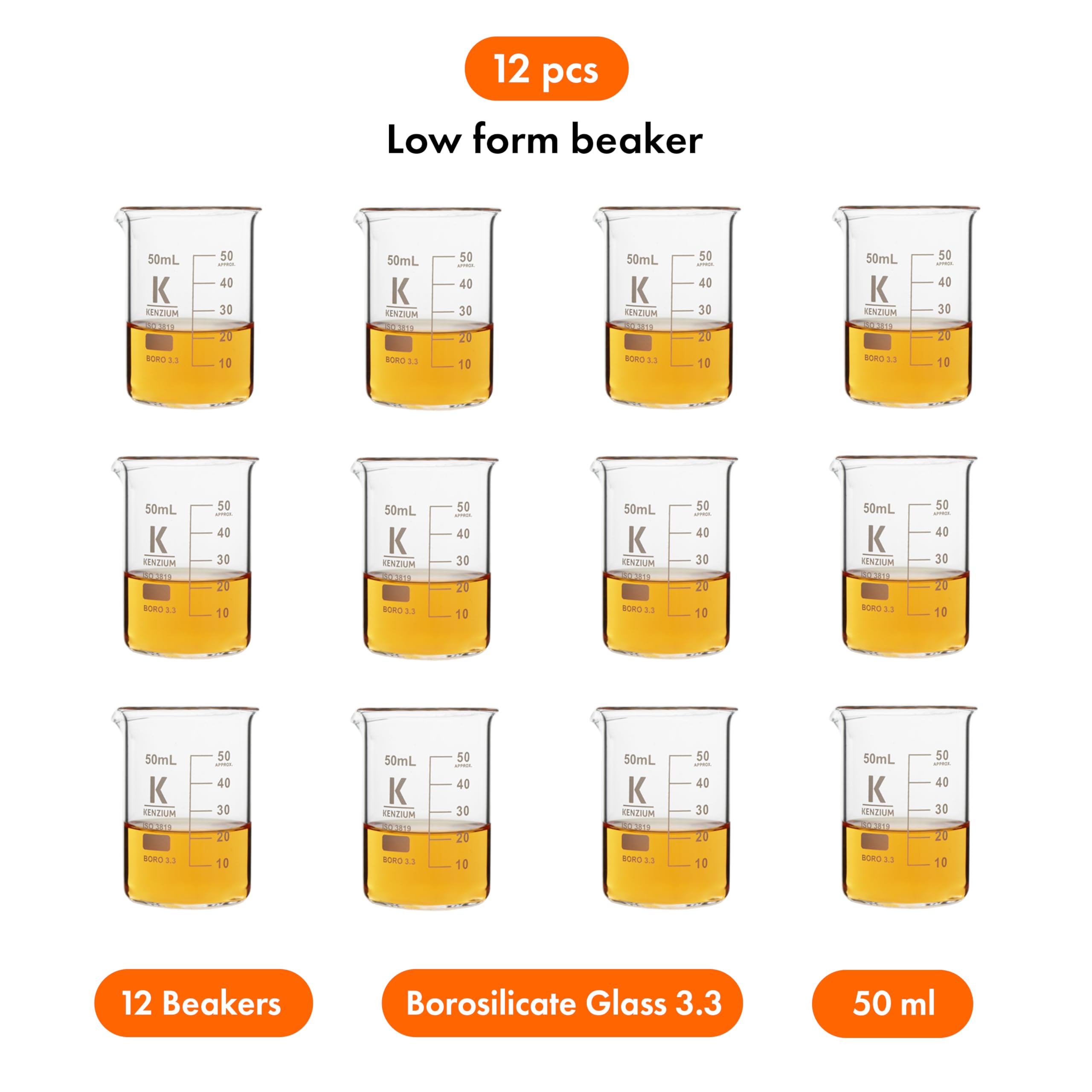 Confezione da 12 x bechers | Volume: 50 ml | Vetro borosilicato 3.3 | Forma bassa | Graduato con Beccuccio per tutti i tipi di campioni | Alta Resistenza, Autoclavabile