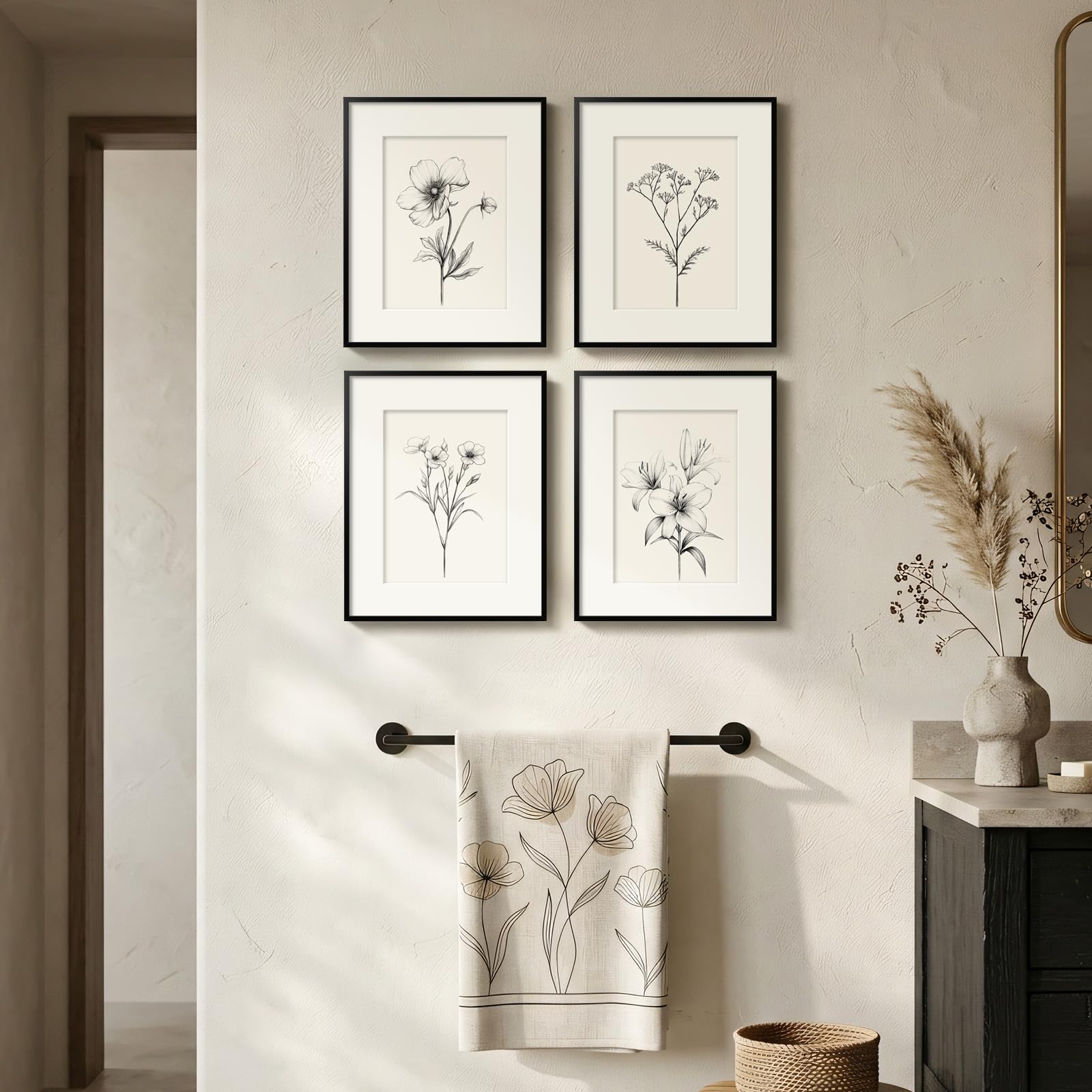 Photo 1 of Framed Black and White Botanical Wall Art for Bathroom, 4 Piece Minimalist Floral Plant Artwork for Walls, Vintage Farmhouse Flower Picture Prints for Bedroom Kitchen Living Room Wall Decor, 8x10 Inch