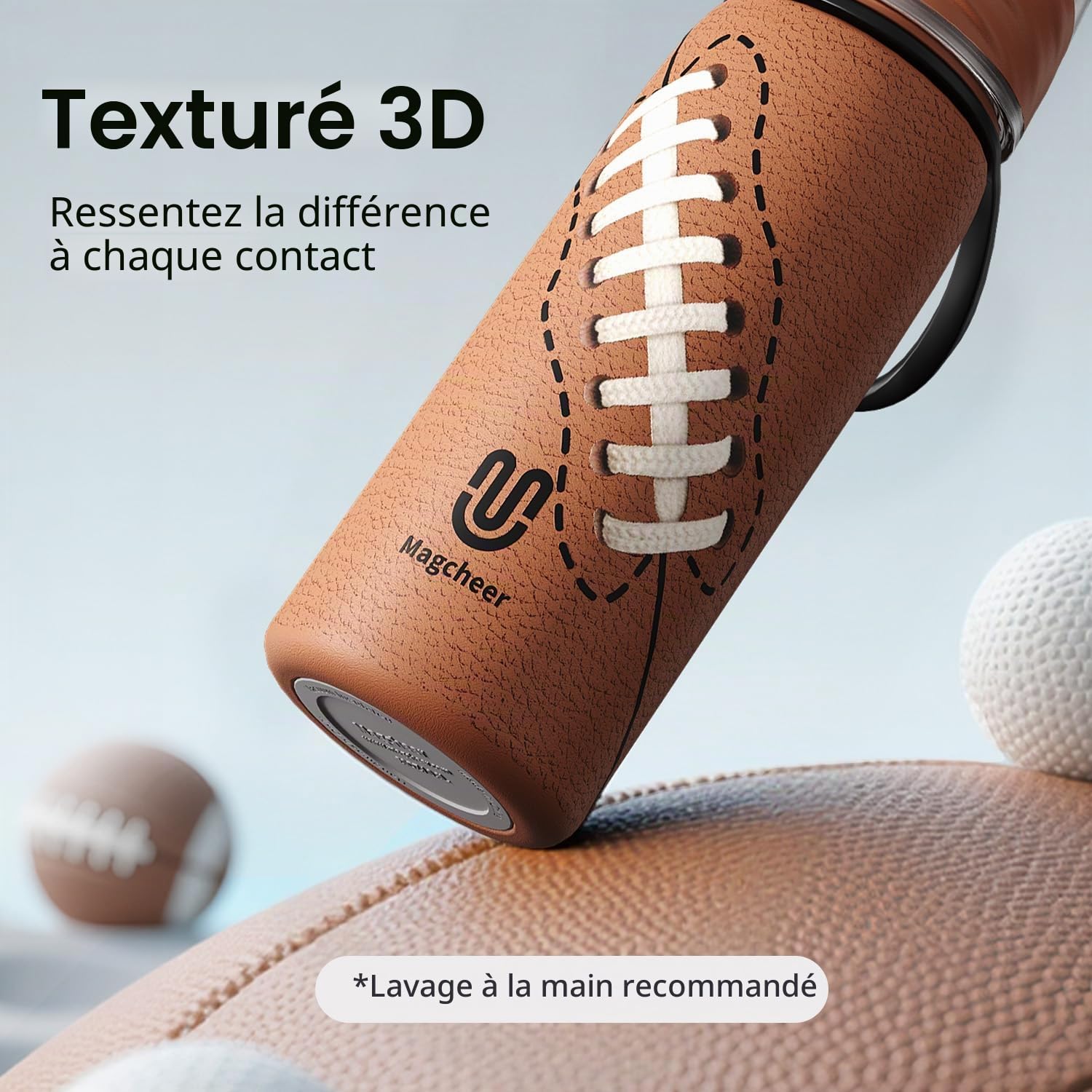 magcheer 600ml Gourde Rugby Enfant | Gourde Brumisateur Inox avec Texture 3D | Rafraîchissement Instantané | Sans BPA | Anti-fuite Bouteille Sport | Cadeau Rugby Enfant