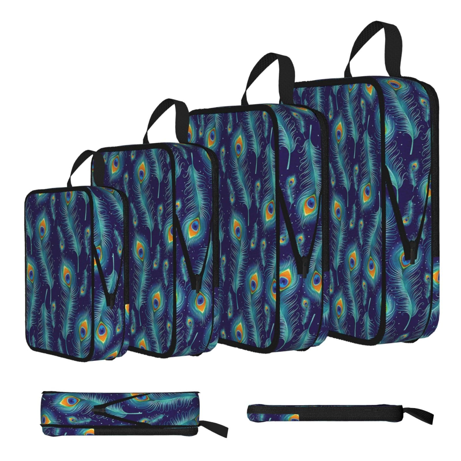 Peacock Birds Feathers Print 4 Set Compression Packing Cubes For Suitcases,Expandable Storage Bags Organizers