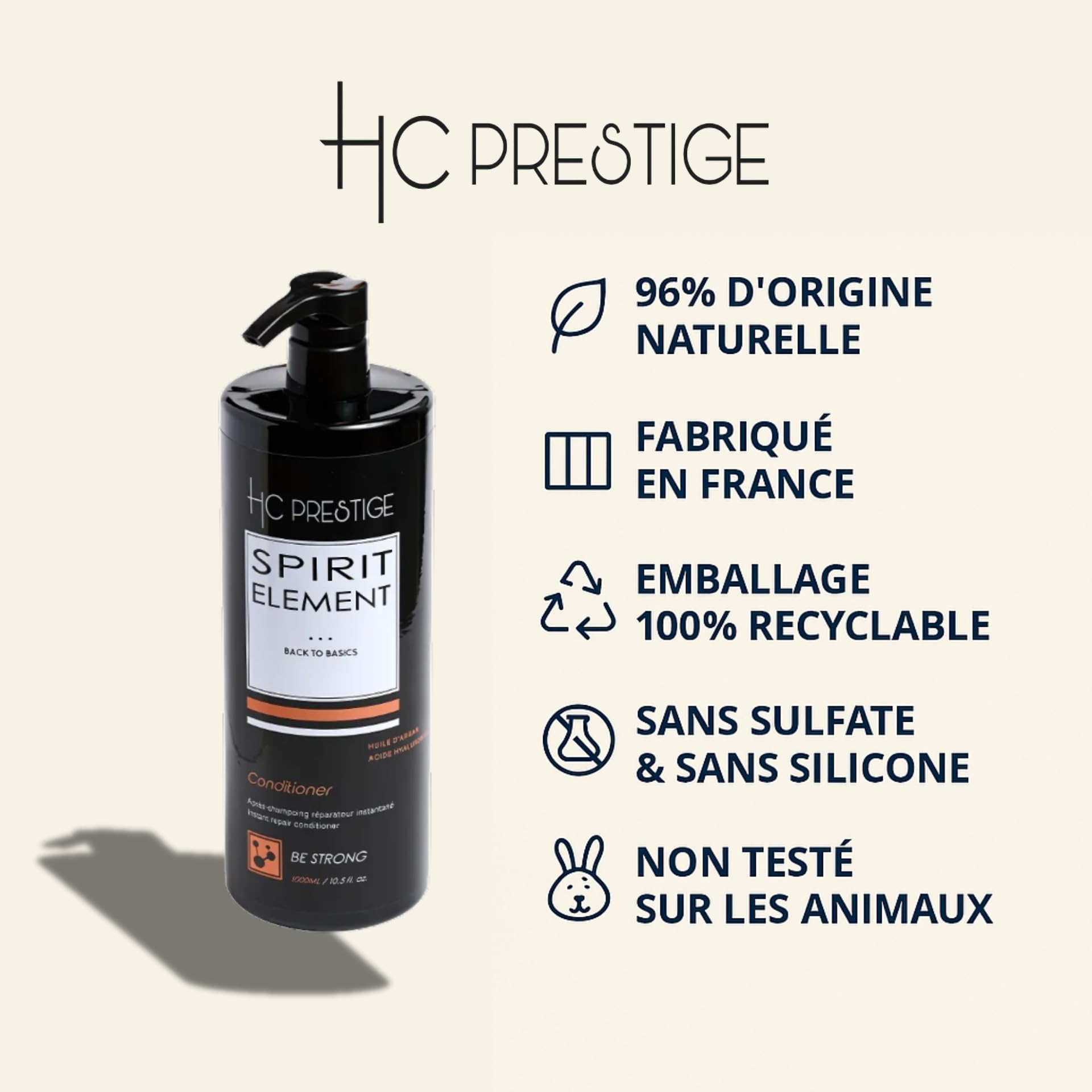 HC Prestige Be Strong – Après-Shampoing Reconstructeur Pro 1L – Argan, Figue de Barbarie & Raisin – 96% Naturel – Sans Sulfate ni Silicone – Cheveux Secs, Abîmés ou Lissés – Made in France