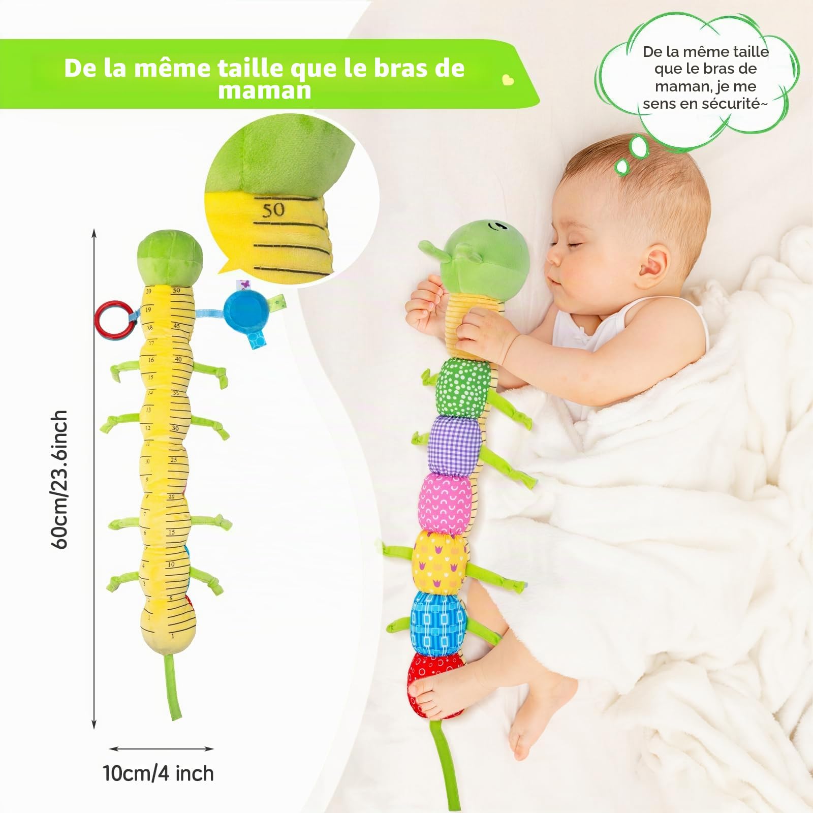 Accevo Jouet sensoriel pour bébé de 0 à 6 mois - Jouet en peluche - Chenille - Jouet pour tout-petit de 0 à 3 à 6 mois - Avec miroir pour bébé - Hochet froissé - 6-12 mois - Cadeau de Pâques