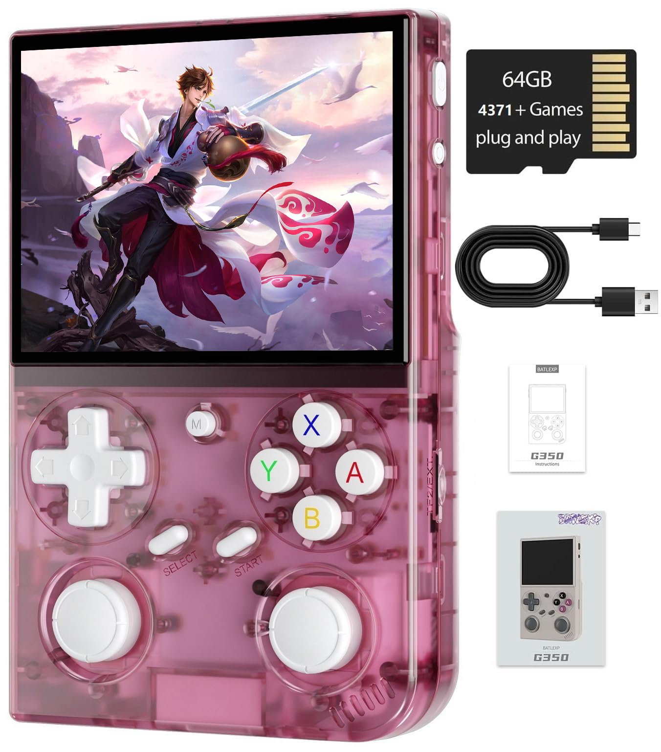 G350 Retro Handheld Game Console , 3.5 Inch IPS Screen Linux System Built-in 64G TF Card 4371 Games Preloaded Handheld Game Console 3200mAh Battery(Transparent Pink)