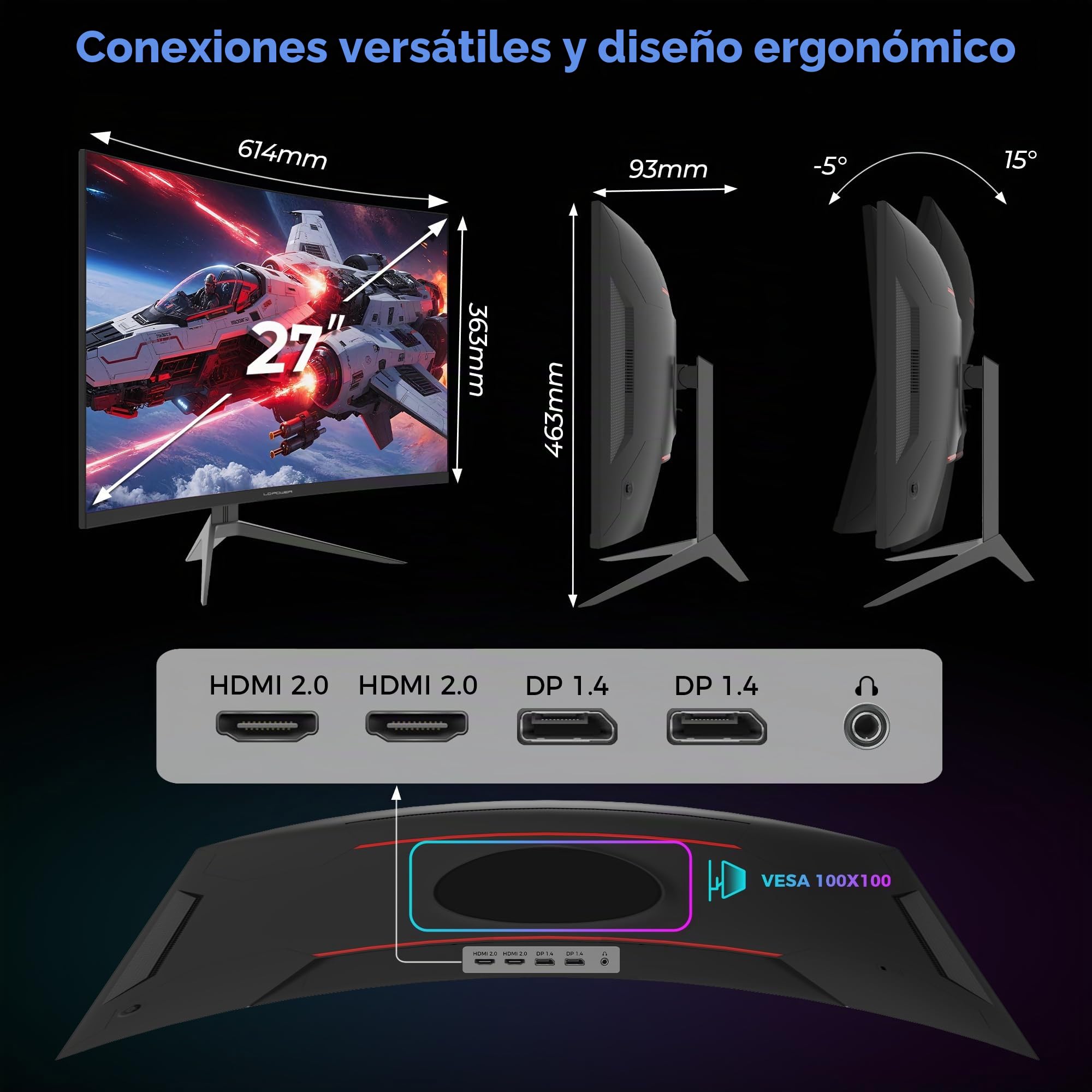 LC-Power M27FC - Monitor Gaming Curvo 27 Pulgadas 180Hz 1 ms VA Panel Monitor con FHD 1920 x 1080, 123,1% sRGB, 300 CD/m², 1500R,1x DP 1.4 (bis 180 Hz), 2X HDMI 2.0 (bis 144 Hz)