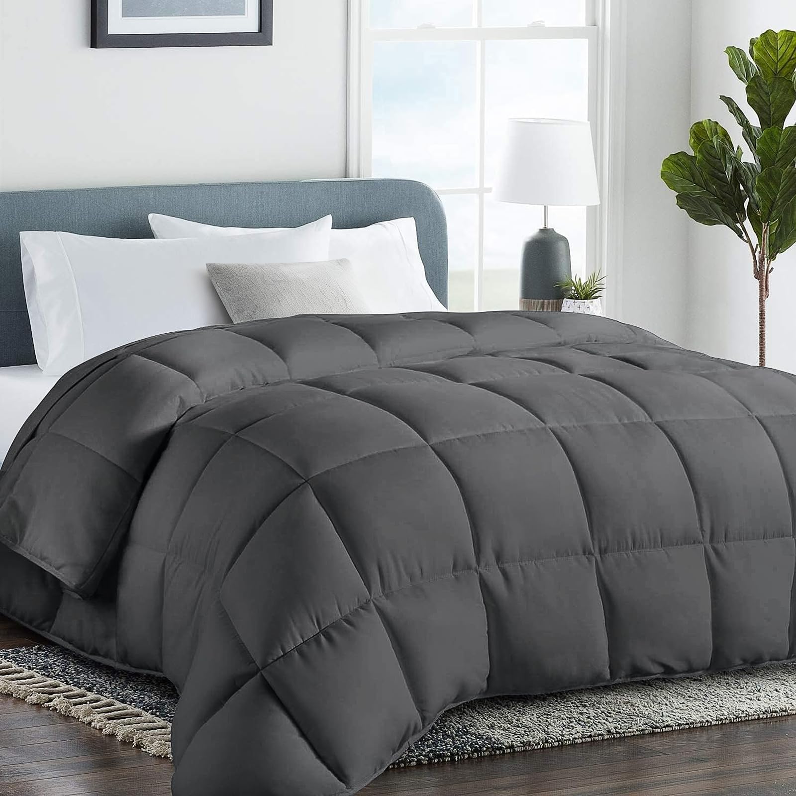 COHOME Quilted Queen Size Comforter - All-Season Down Alternative Duvet Insert - Luxury Hotel Winter Warm Dark Grey Comforter with Anti-Clump Tech & 8 Tabs - Gift for Women & Men（ 88''x88''）