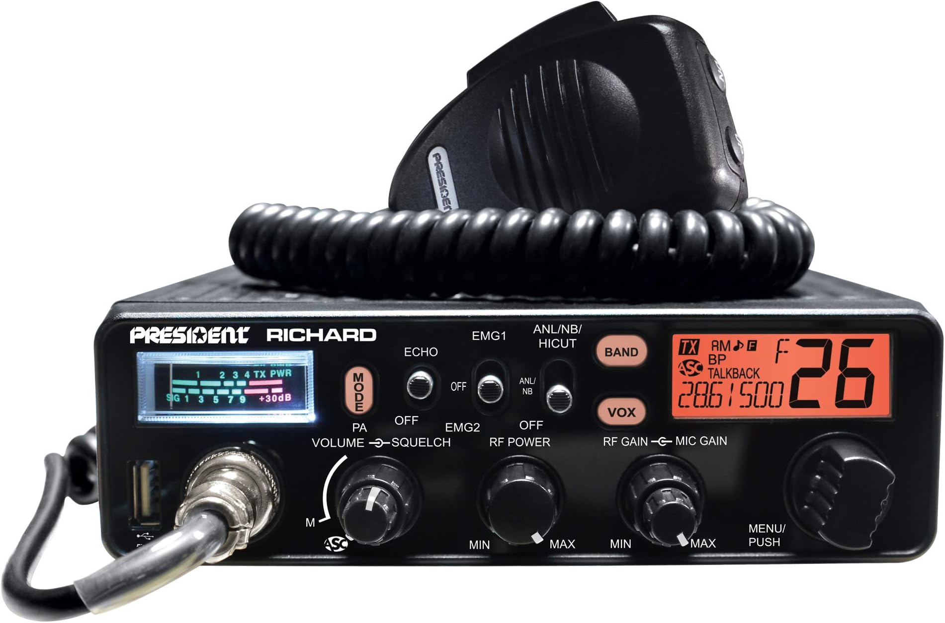 Ham Radio President Richard ASC 10 M, AM-FM, 12V, RF Gain, NB, ANL, Hi-Cut, Echo, USB Port