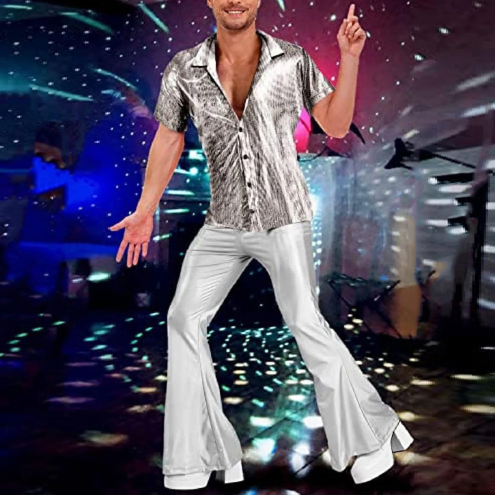 MORISTE Maglietta Uomo Disco con Lustrini, Manica Corta Top Costume Party Scena