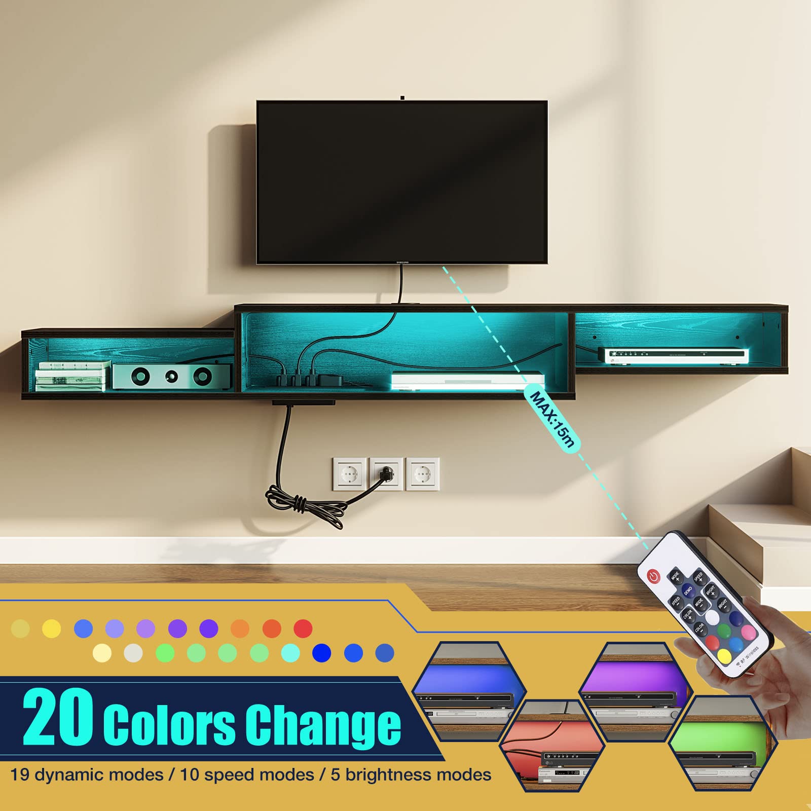 Rolanstar Floating TV Stand with Power Outlet & LED Light, 71" Wall