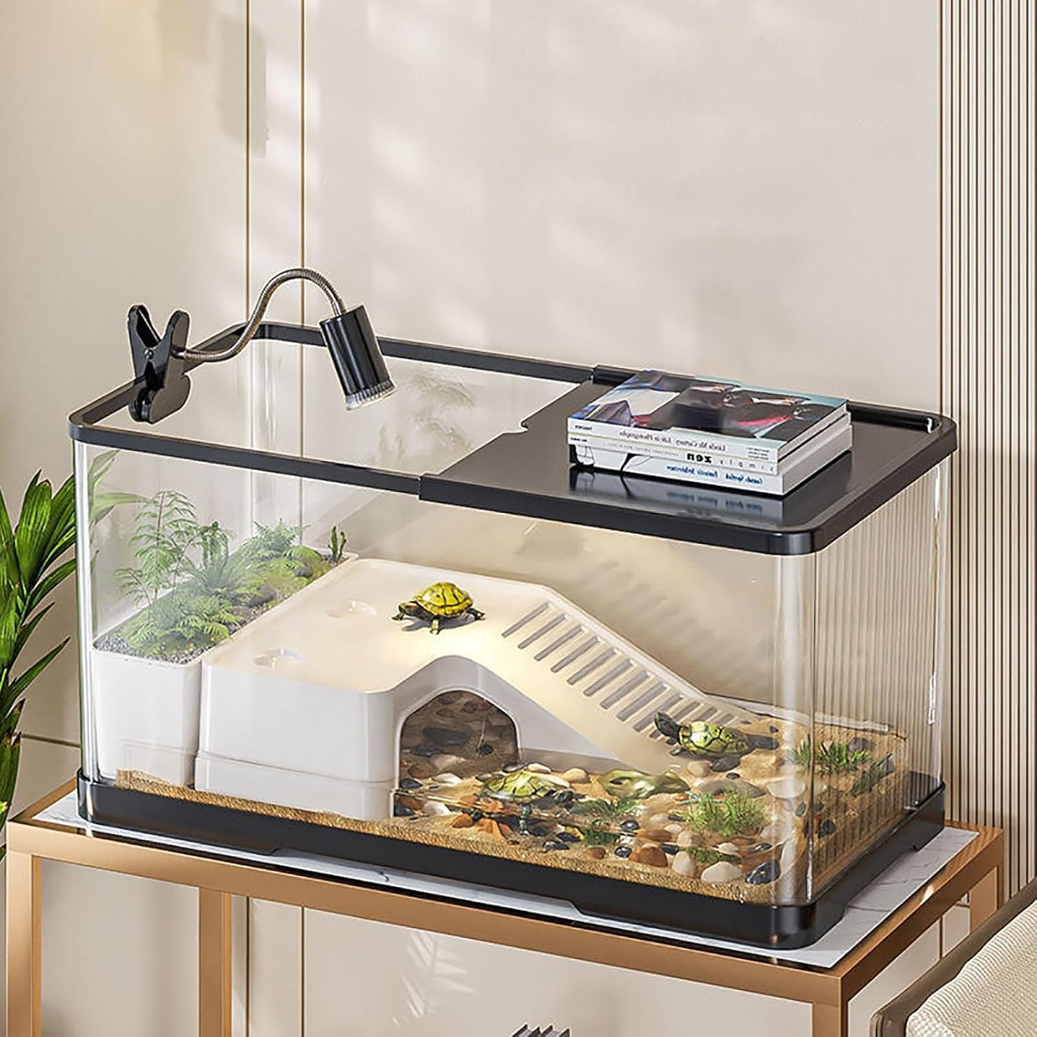 Turtle Tank Habitat Kit, Reptile Tank, Basking Platform with Hideout,Multi-Function Area,Drainage,Plants and Lamps Perfect for Tortoise Aquarium Indoor(M)