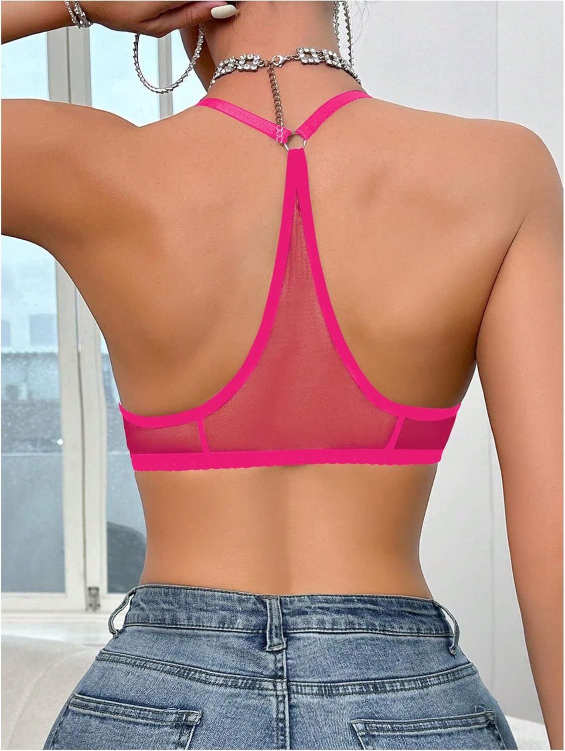 SOLY HUX Women's Sheer Mesh Through Bra Sheer Bralette Front Closure Deep V Neck Wireless Lingerie Sexy Lingerie Bra - Image 2