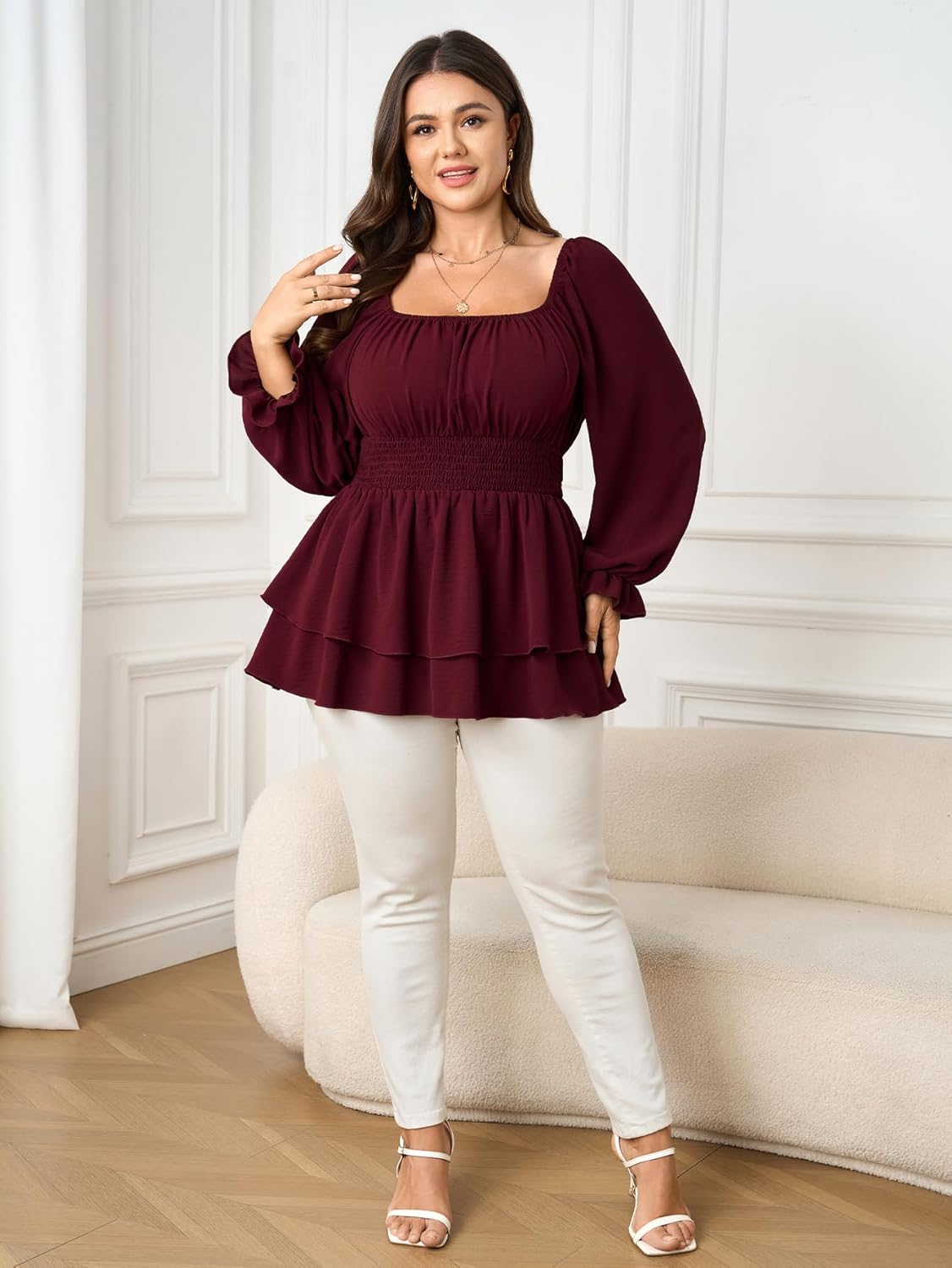 SCOMCHIC Womens Plus Size Peplum Tops Square Neck Long Sleeve Blouses Layered Ruffle Hem Smocked Casual Babydoll Top - Image 5