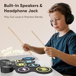 7-Pad Electronic Drum Set for Kids, Portable Electric Drum Kit with Built-in Speaker & Headphone Jack, Kids Drum Set for Beginners Toddlers 3-5 with Pedals & Drumsticks