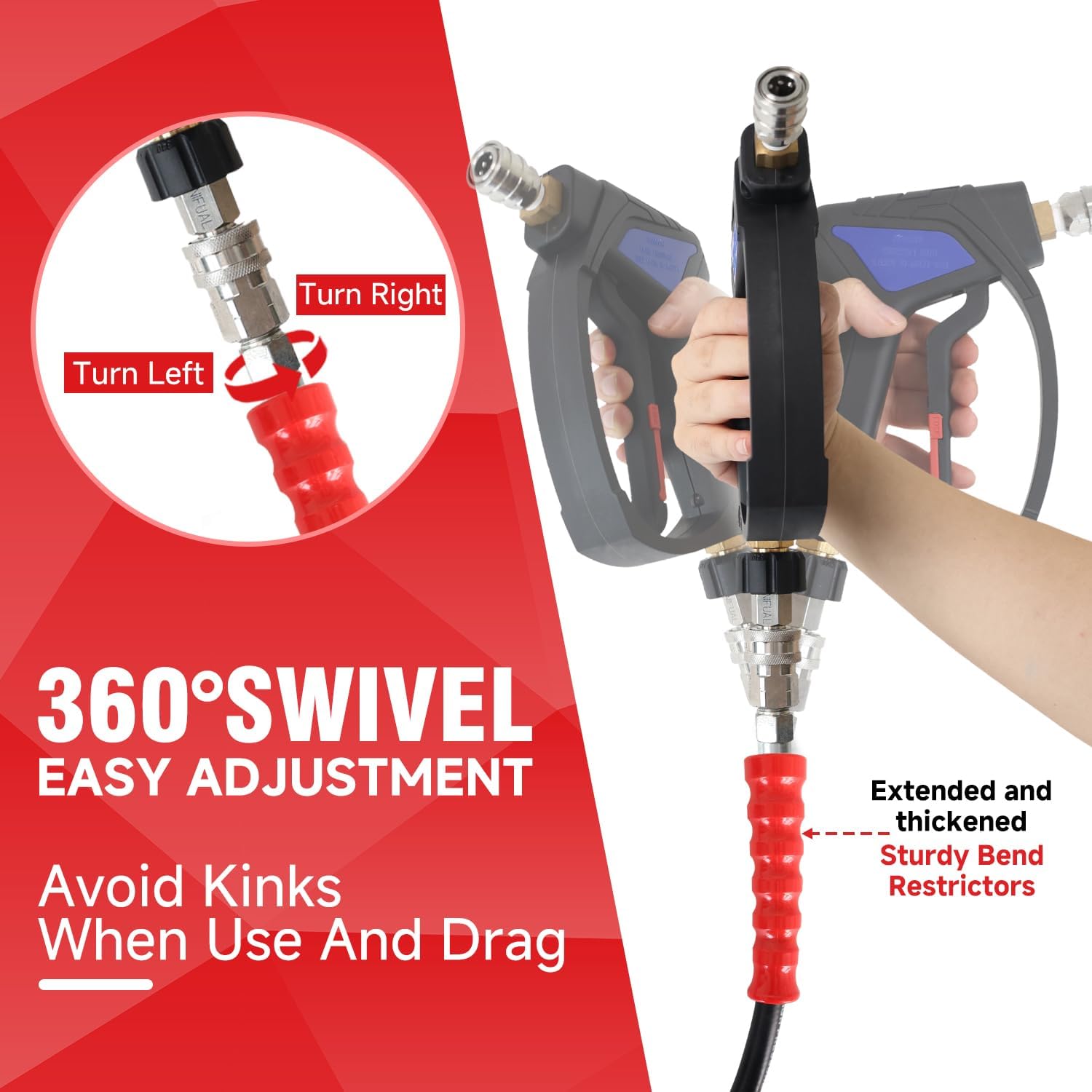 3/8" Non Marking Pressure Washer Hose 100 FT,Kink Resistant Power Washer Replacement Hose Steel Wire Braided for Hot and Cold Water, with M22 14mm to 3/8" Swivel Quick Connect, 5000 PSI (100FT)