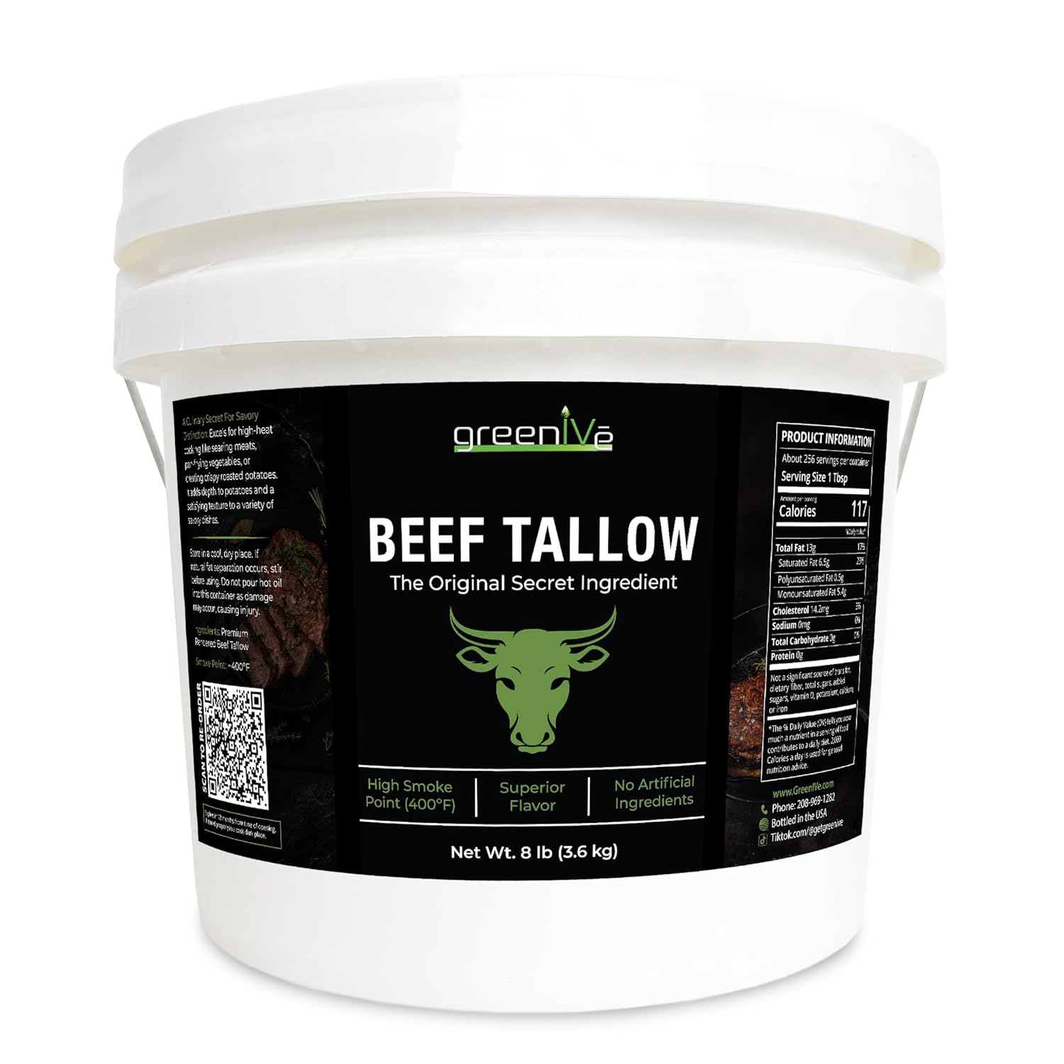 GreenIVe Beef Tallow 100% Pure - USA Sourced Rendered Beef Fat - Traditional Cooking Oil and Natural Skincare Base - High Smoke Point - Grass-Fed Sourced (8 Pound)
