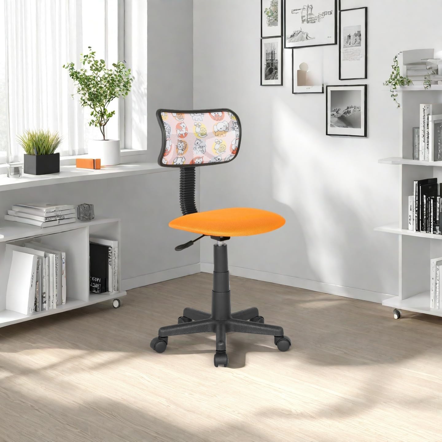 JJS Home Small Rotating Office Desk and Chair Set, Breathable Mesh Low Back Adjustable Ergonomic Seat, Space-Saving Study Work Stool, Animal