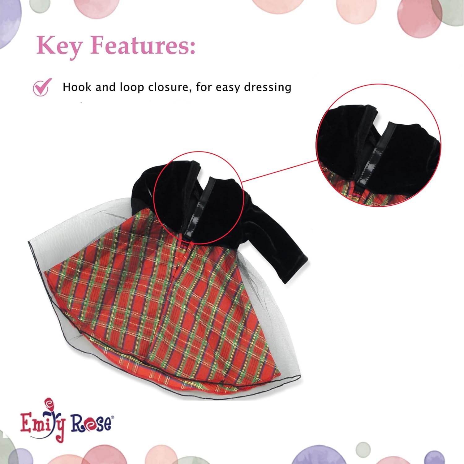 Emily Rose 14-inch Fashion Doll Clothes Fancy Holiday Party Dress with Black Velvet Top - Includes Matching Purse & Hair tie | Doll NOT Included | USA Business