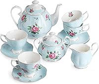 BTaT Floral Porcelain Tea Set for Adults - 13 Piece Service for 4, 38oz Pot, 8oz Cups, Pastel Blue Design, Dishwasher Safe