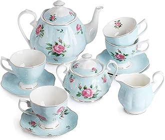 BTaT- Floral Tea Sets for Adults, 13 pcs, Service for 4, Pot (38 oz) & Cups (8 oz) with Saucers, Pastel Blue Floral Design, Porcelain Tea Set for Adult, Dishwasher Safe, Christmas Gifts