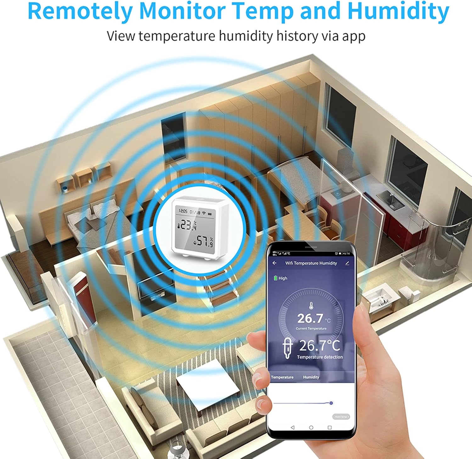Smart WiFi Temperature Humidity Sensor with feature icons